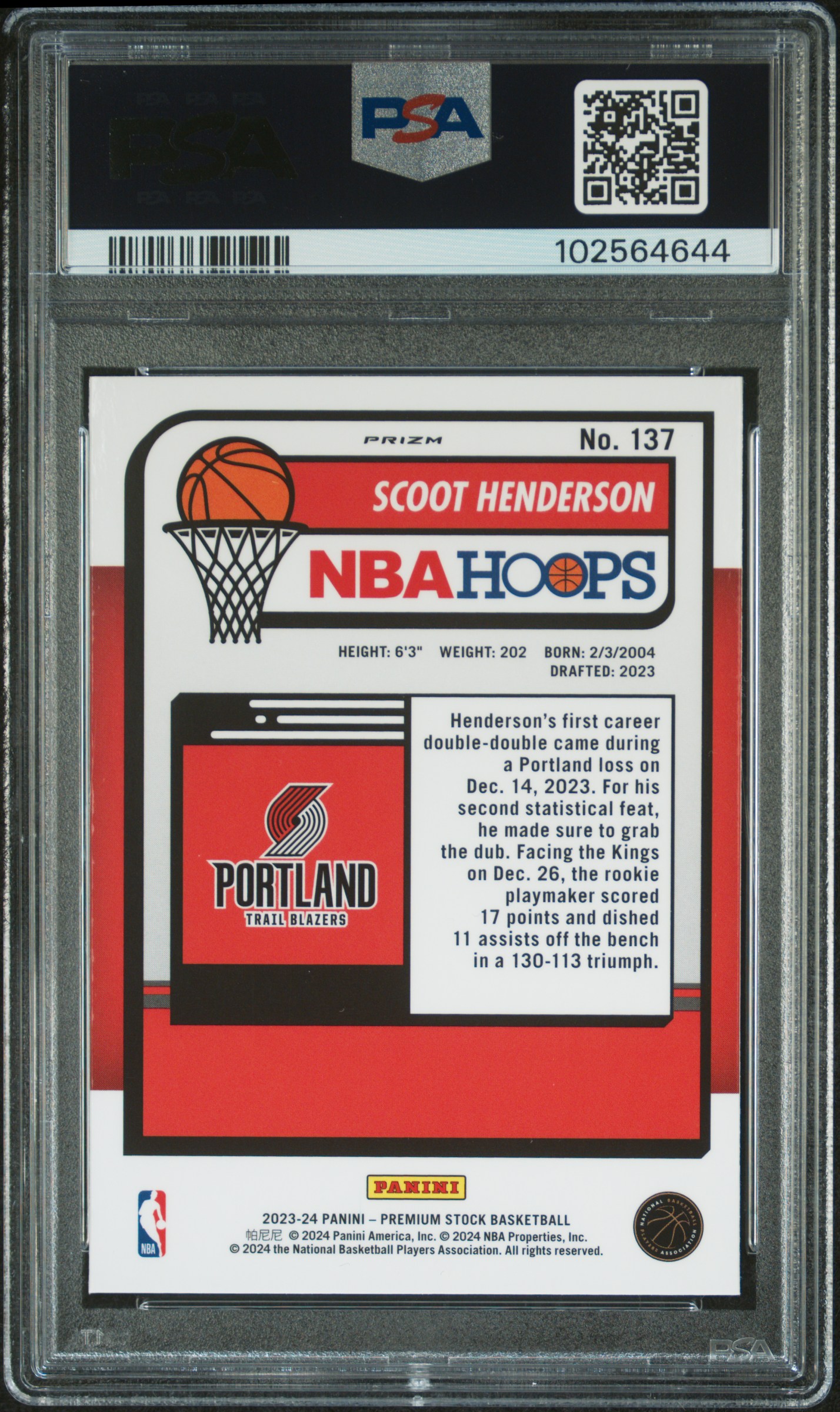 2023 Panini Hoops Premium Stock Scoot Henderson #137 (Silver Prizm) Gem Mt 10 back