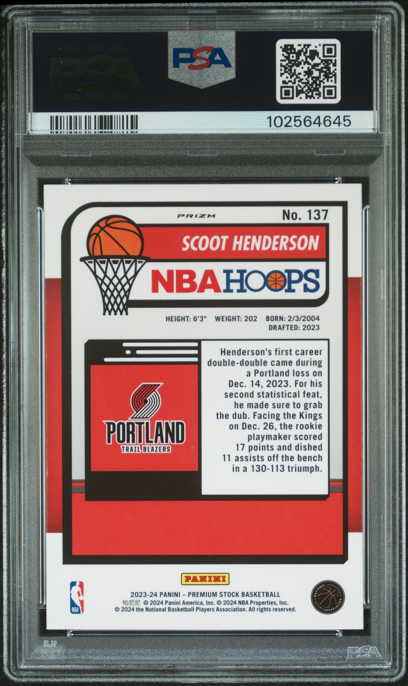 2023 Panini Hoops Premium Stock Scoot Henderson #137 (Seismic Prizm) Gem Mt 10 back