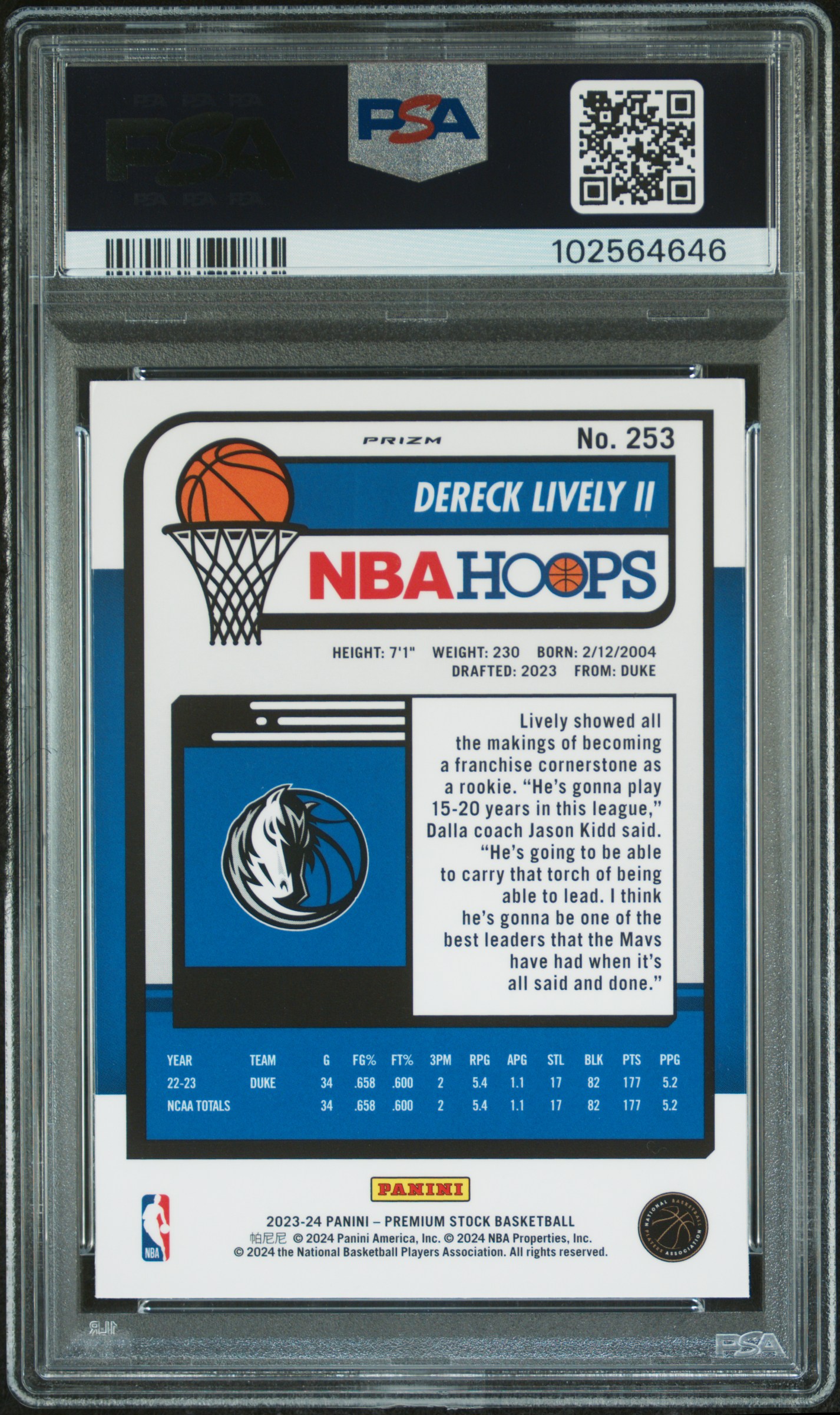 2023 Panini Hoops Premium Stock Dereck Lively Ii #253 (Seismic Prizm) Gem Mt 10 back