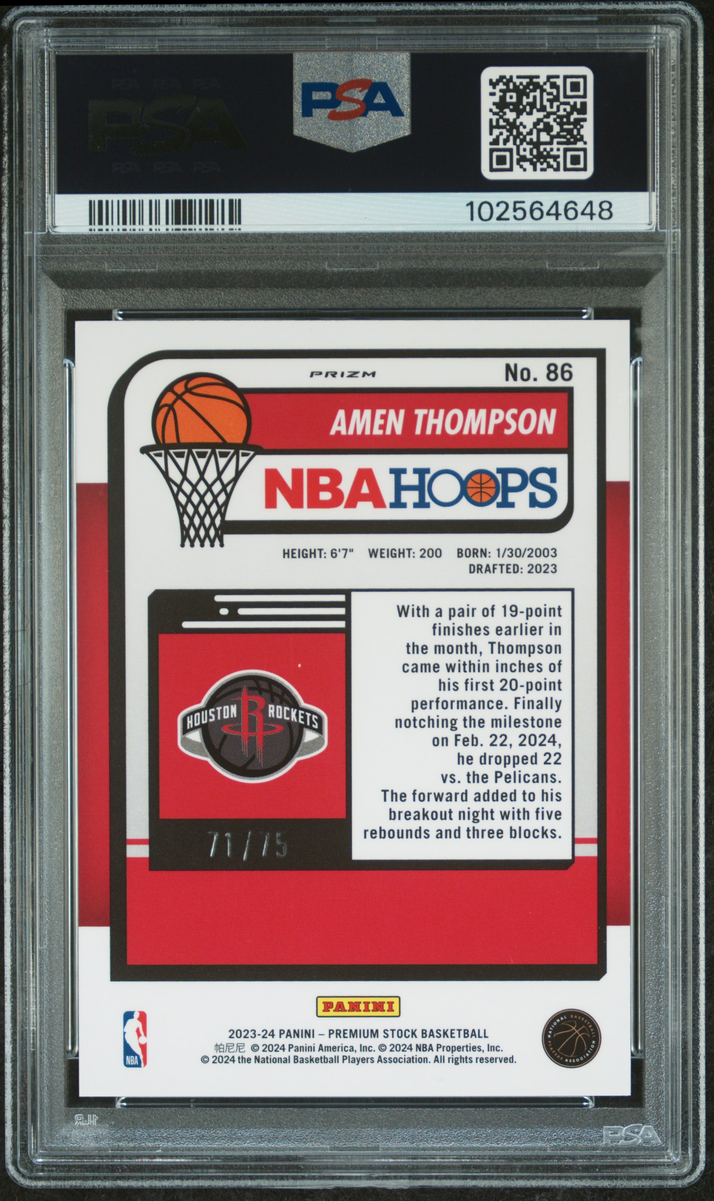 2023 Panini Hoops Premium Stock Amen Thompson #86 (White Seismic Prizm) Gem Mt 10 back