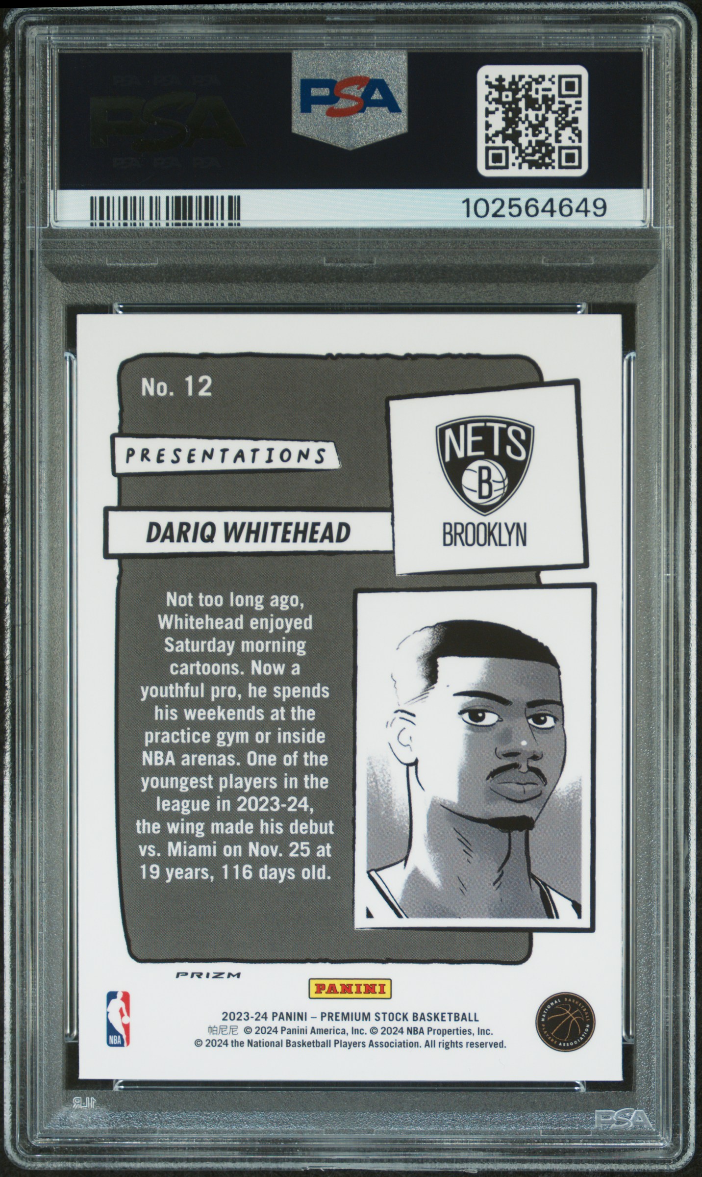 2023 Panini Hoops Premium Stock Presentations Dariq Whitehead #12 Gem Mt 10 back