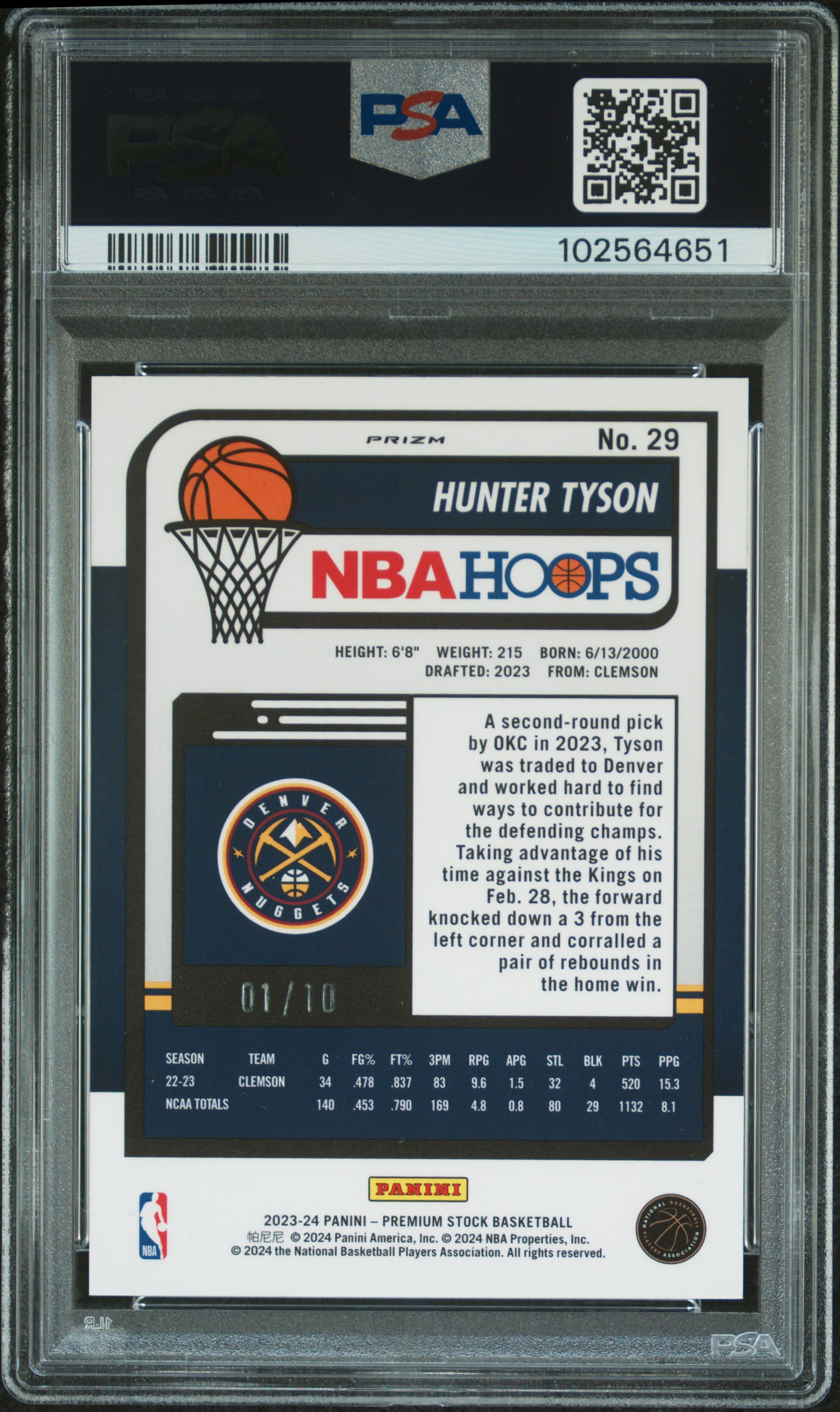 2023 Panini Hoops Premium Stock Hunter Tyson #29 (Gold Prizm) Gem Mt 10 back
