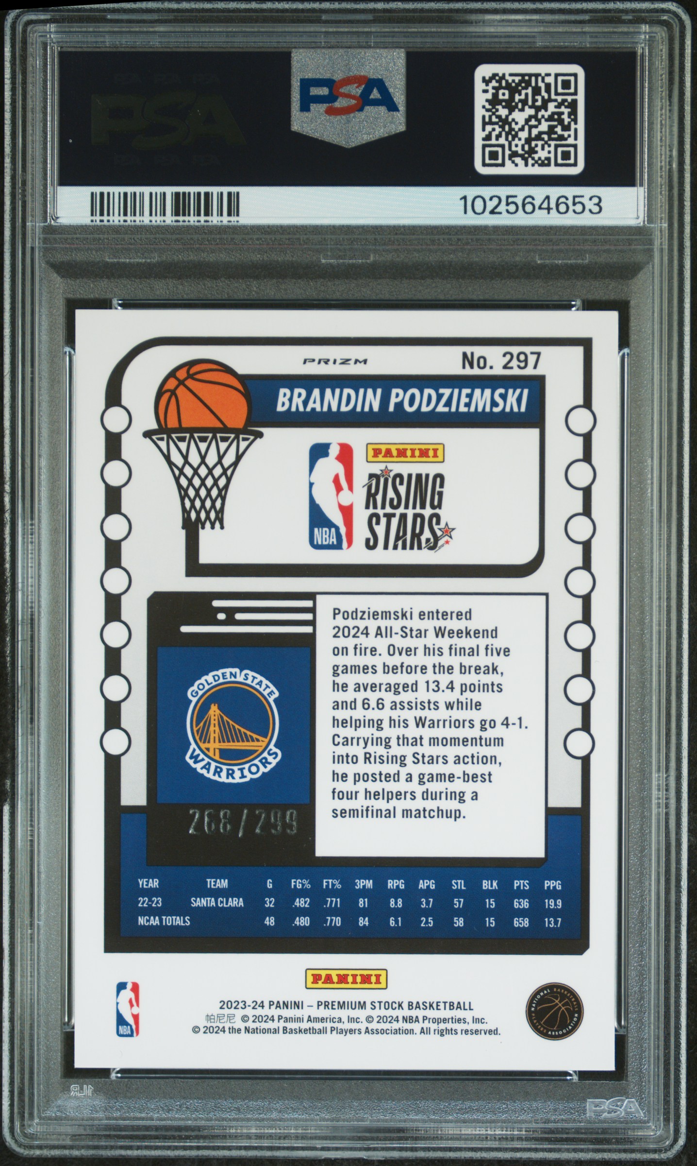 2023 Panini Hoops Premium Stock Brandin Podziemski #297 (Orange Prizm) Mint 9 back