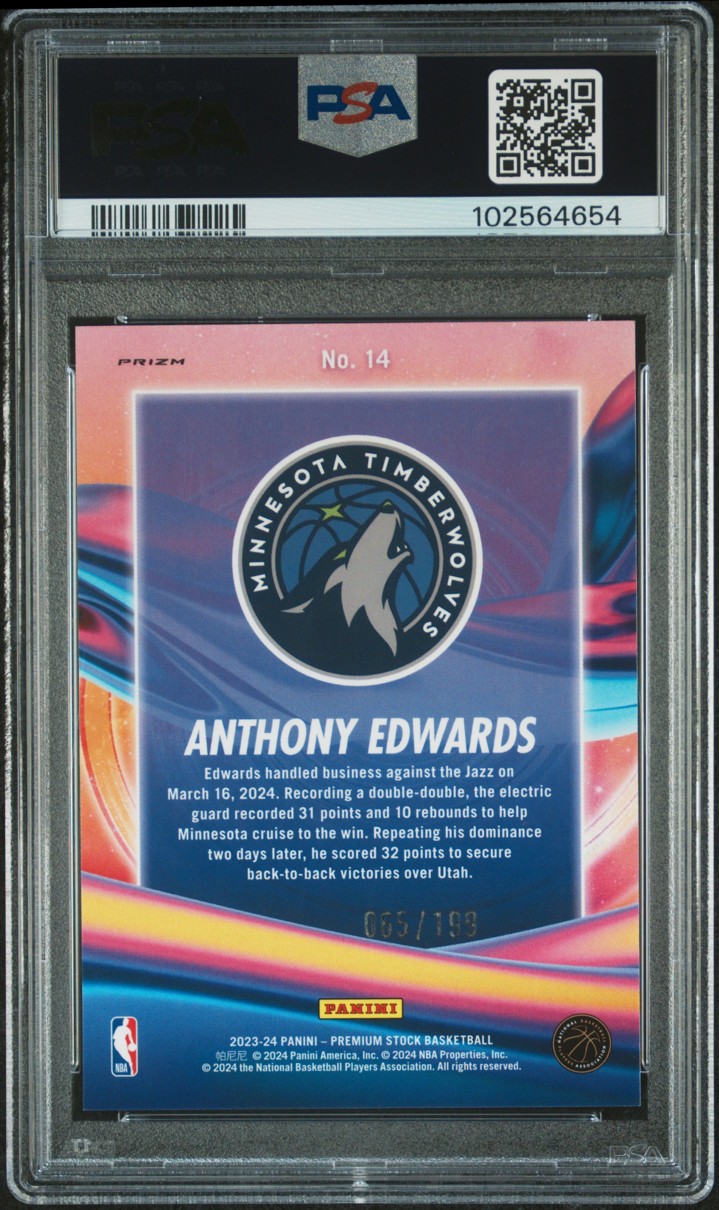 2023 Panini Hoops Premium Stock Anti Gravity Anthony Edwards #14 (Anti Gravity-Red Seismic Prz) Mint 9 back