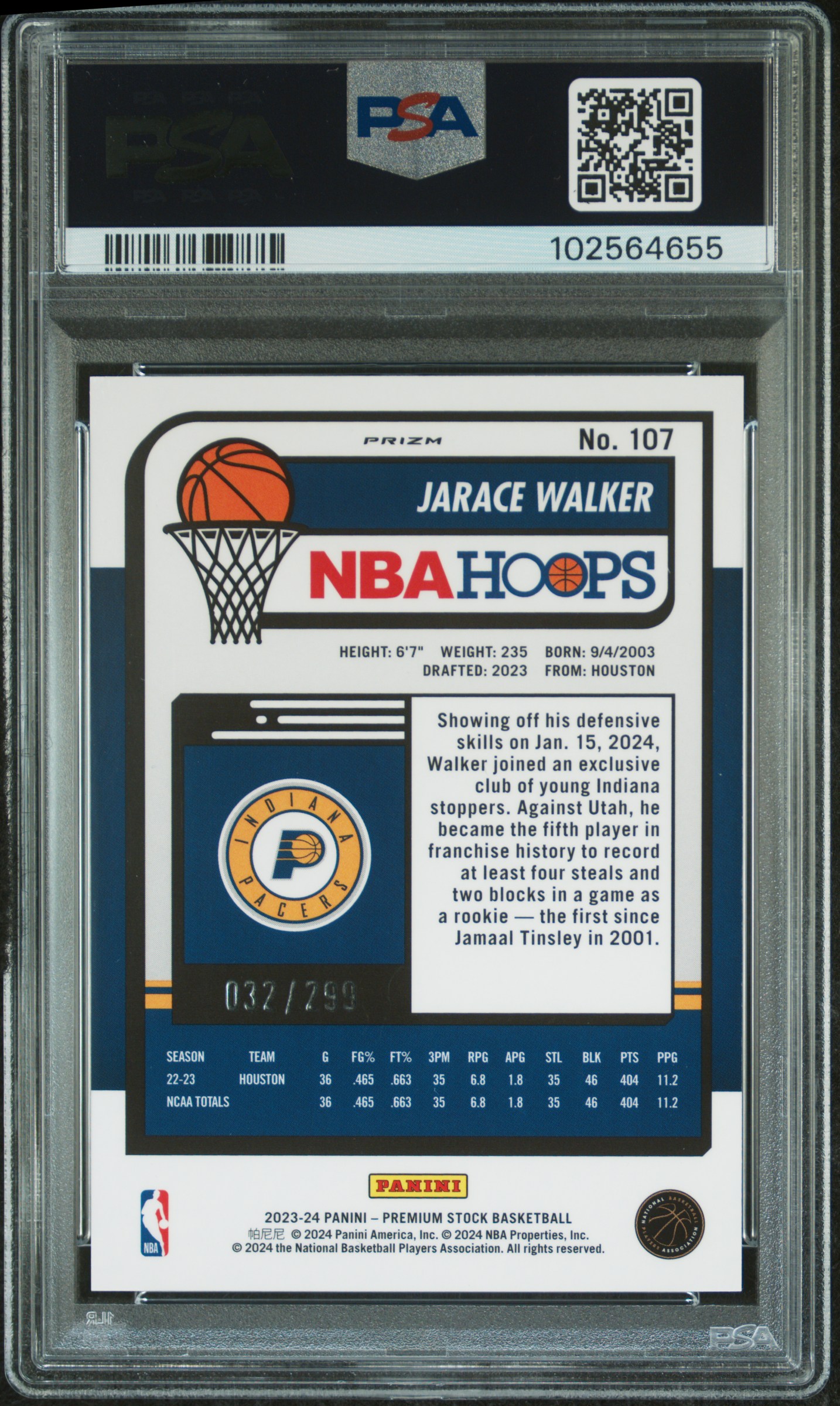 2023 Panini Hoops Premium Stock Jarace Walker #107 (Orange Prizm) Gem Mt 10 back