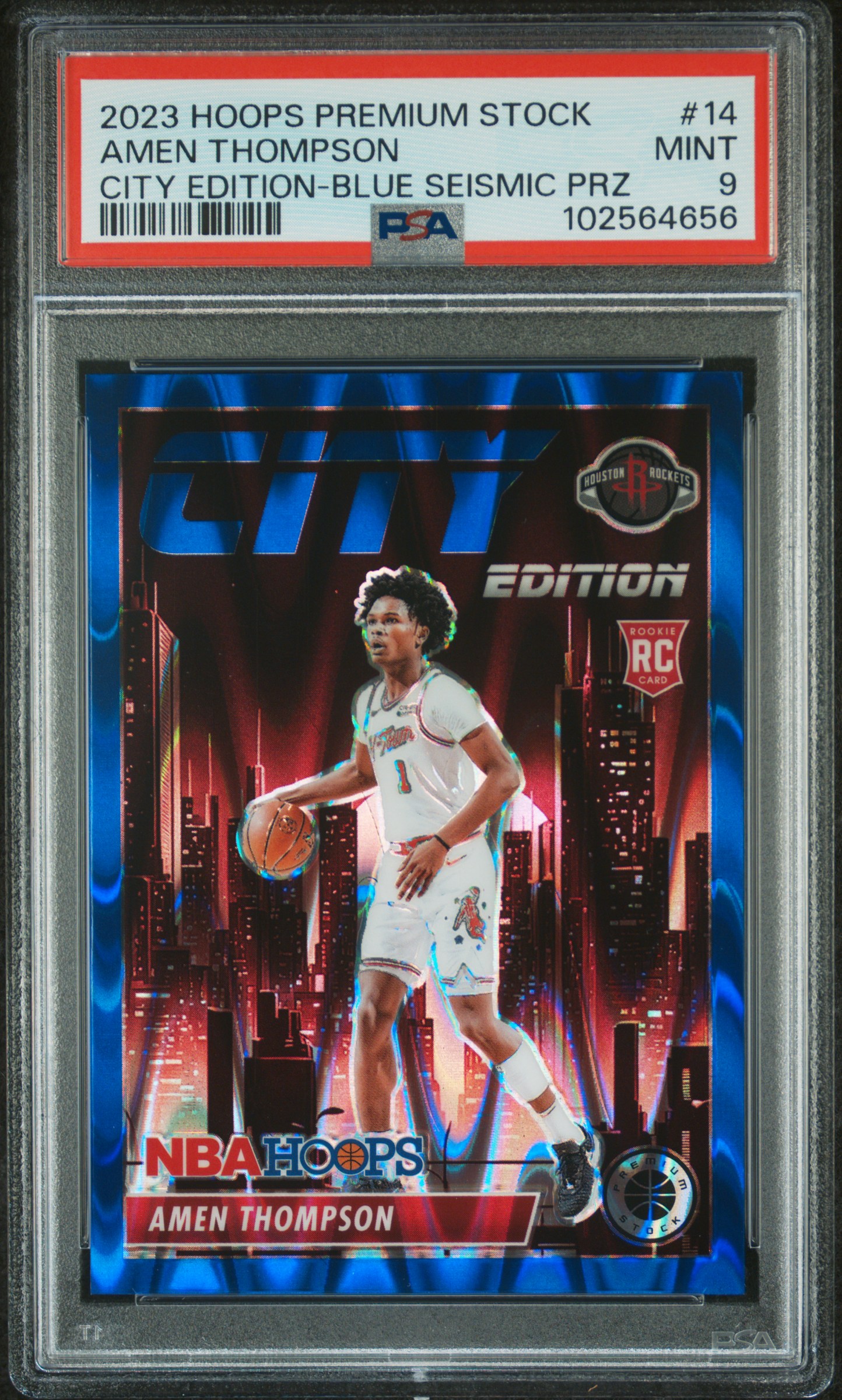 2023 Panini Hoops Premium Stock City Edition Amen Thompson #14 (City Edition-Blue Seismic Prz) Mint 9 front