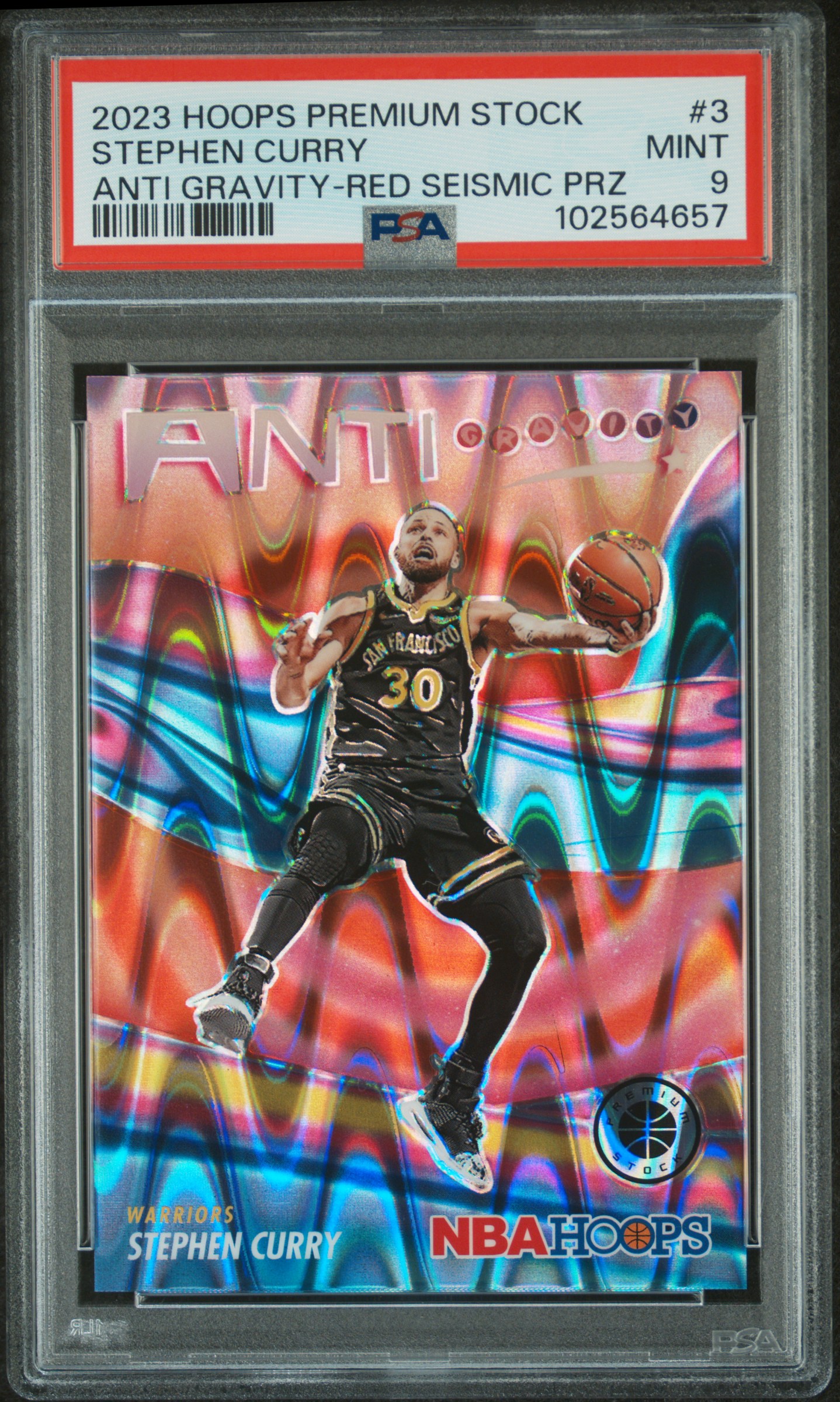 2023 Panini Hoops Premium Stock Anti Gravity Stephen Curry #3 (Anti Gravity-Red Seismic Prz) Mint 9 front