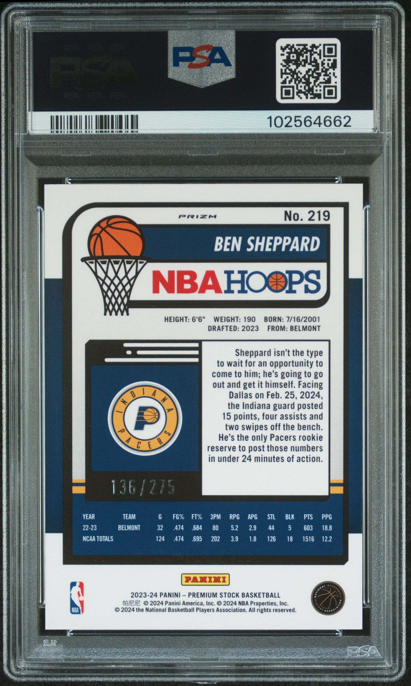 2023 Panini Hoops Premium Stock Ben Sheppard #219 (Red Prizm) Mint 9 back