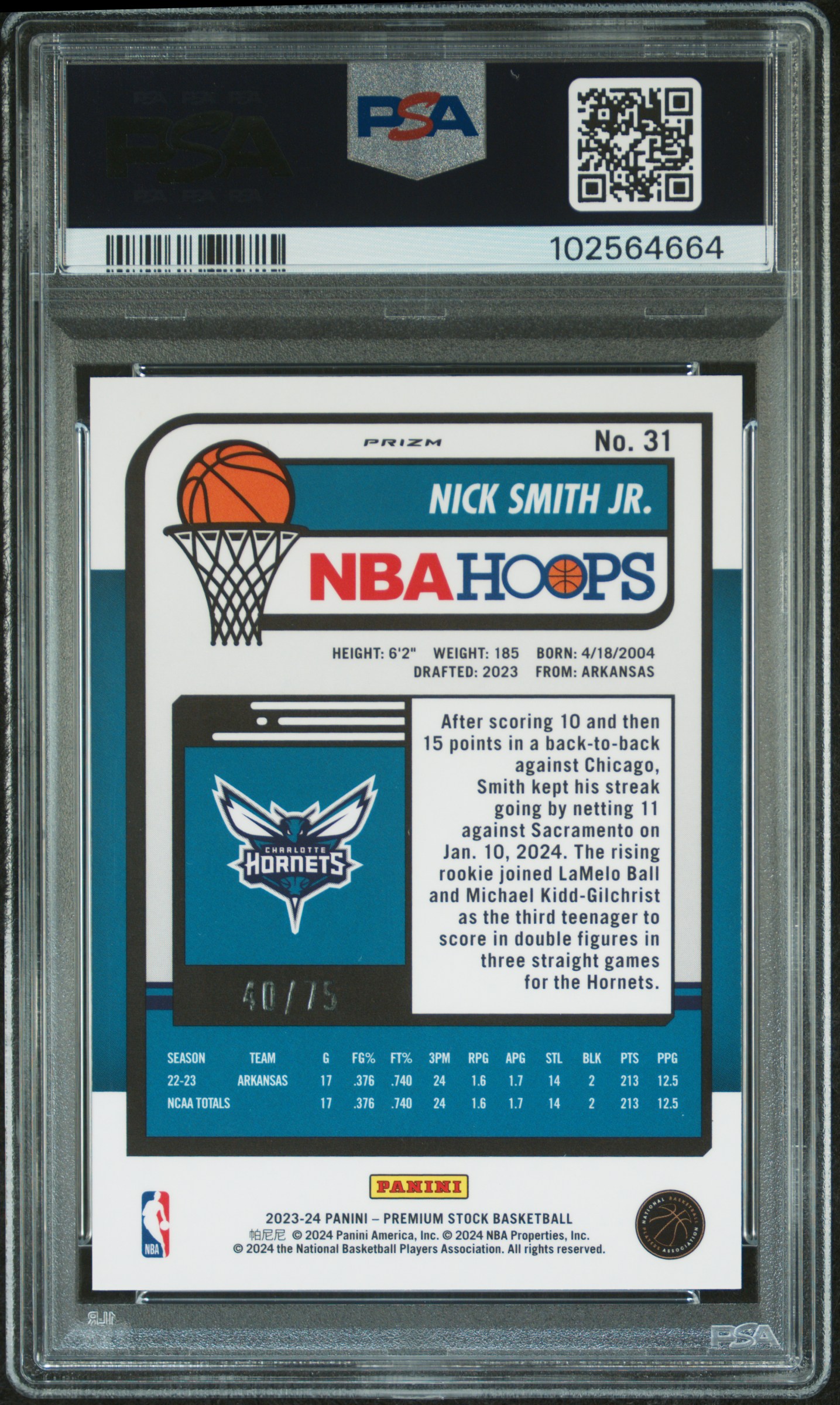 2023 Panini Hoops Premium Stock Nick Smith Jr. #31 (Green Prizm) Gem Mt 10 back