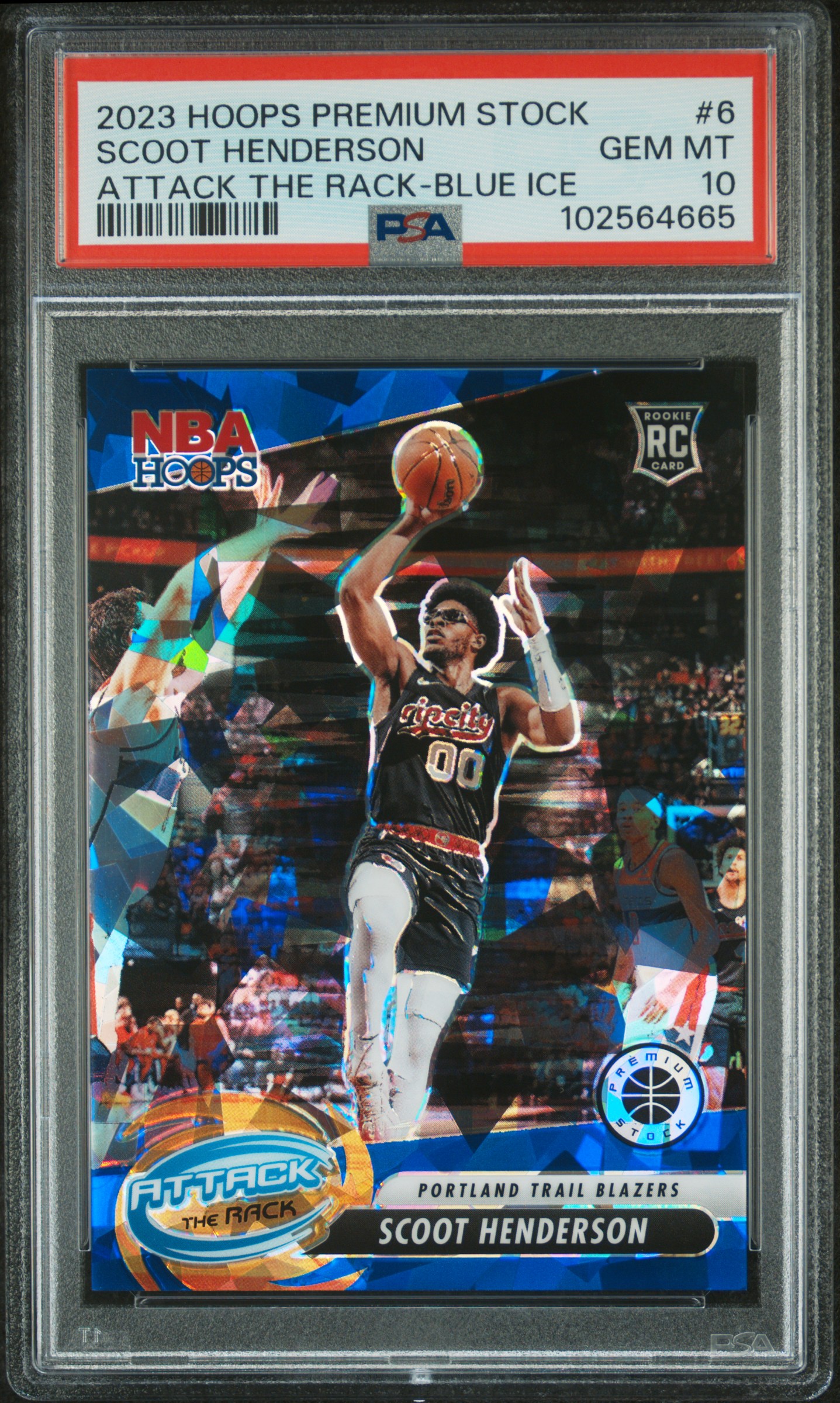 2023 Panini Hoops Premium Stock Attack The Rack Scoot Henderson #6 (Attack The Rack-Blue Ice) Gem Mt 10 front