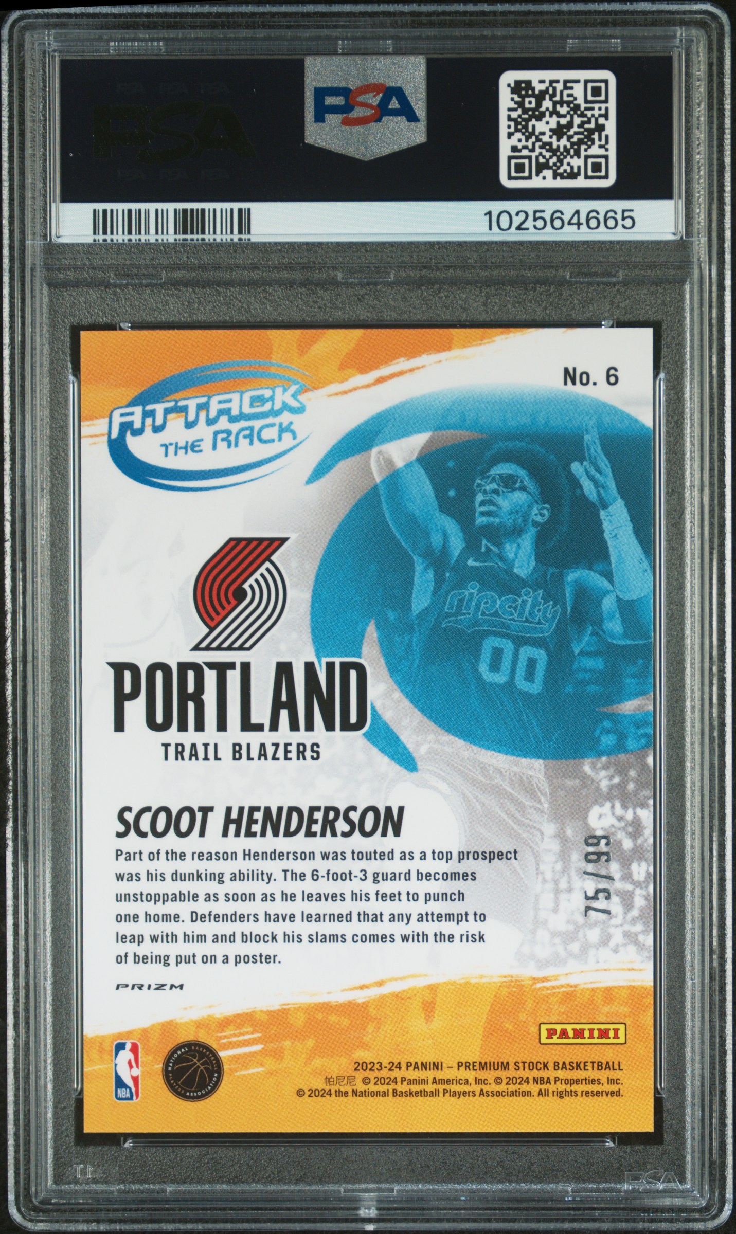 2023 Panini Hoops Premium Stock Attack The Rack Scoot Henderson #6 (Attack The Rack-Blue Ice) Gem Mt 10 back