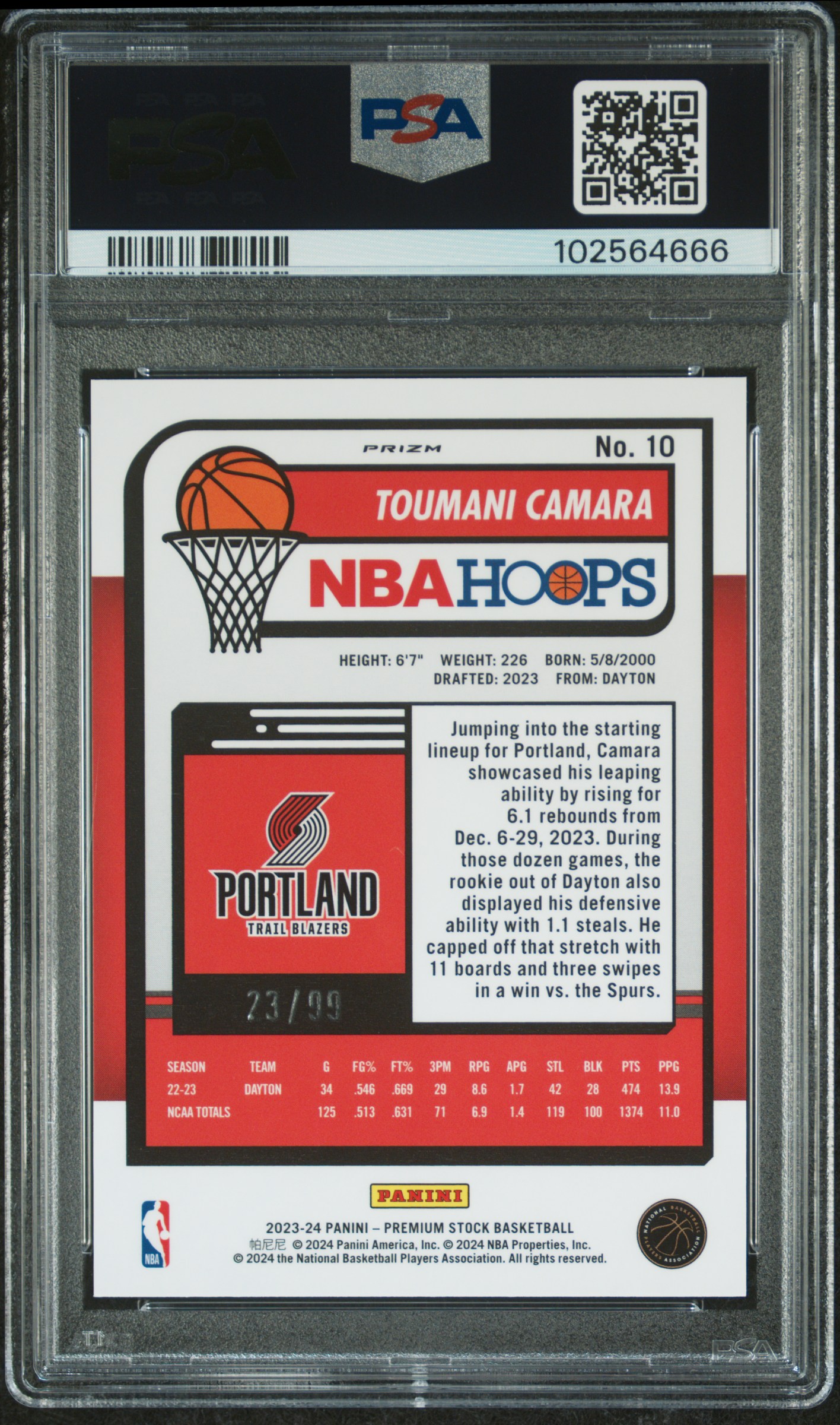 2023 Panini Hoops Premium Stock Toumani Camara #10 (Red Ice Prizm) Mint 9 back