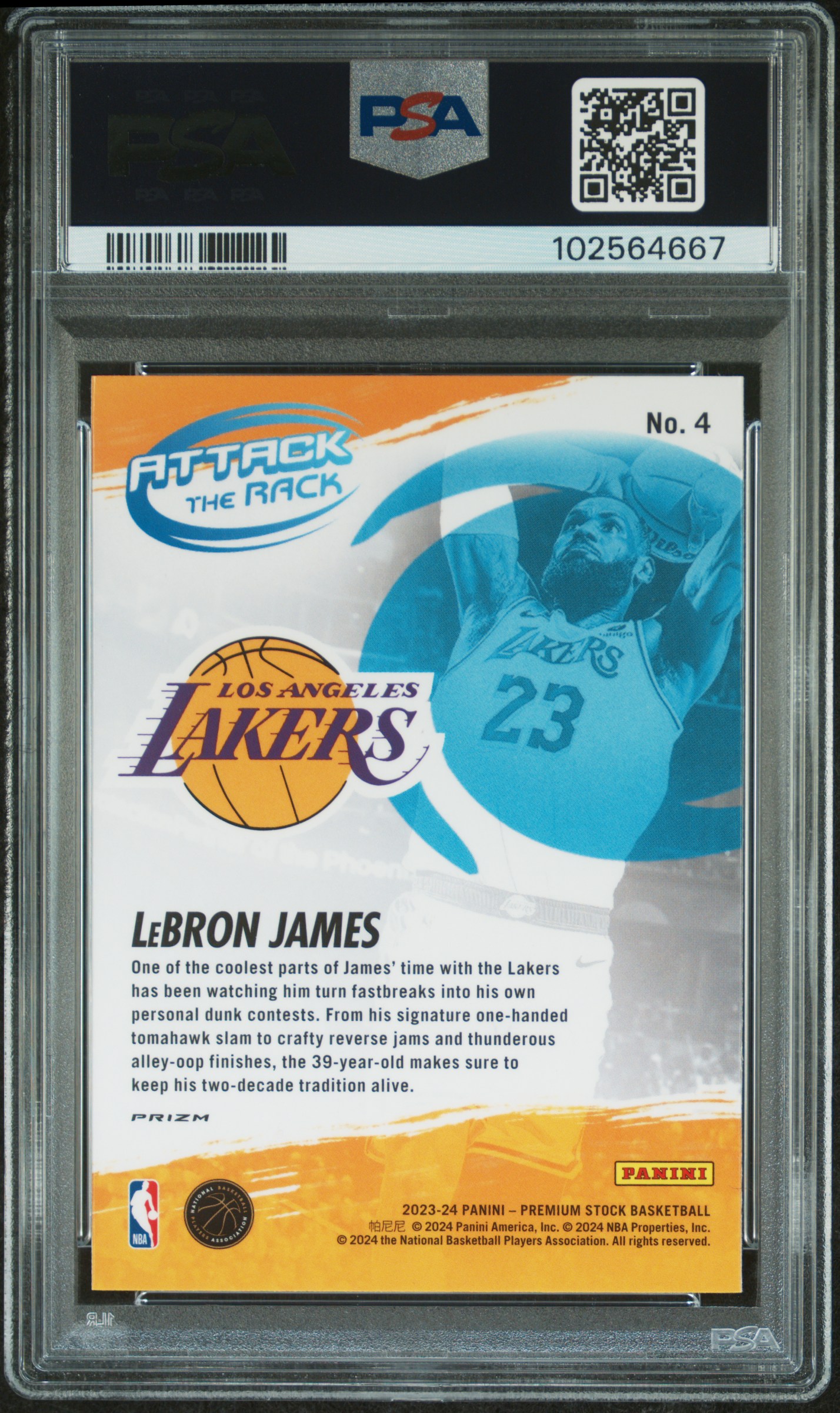 2023 Panini Hoops Premium Stock Attack The Rack Lebron James #4 (Attack The Rack-Silver Prz) Gem Mt 10 back