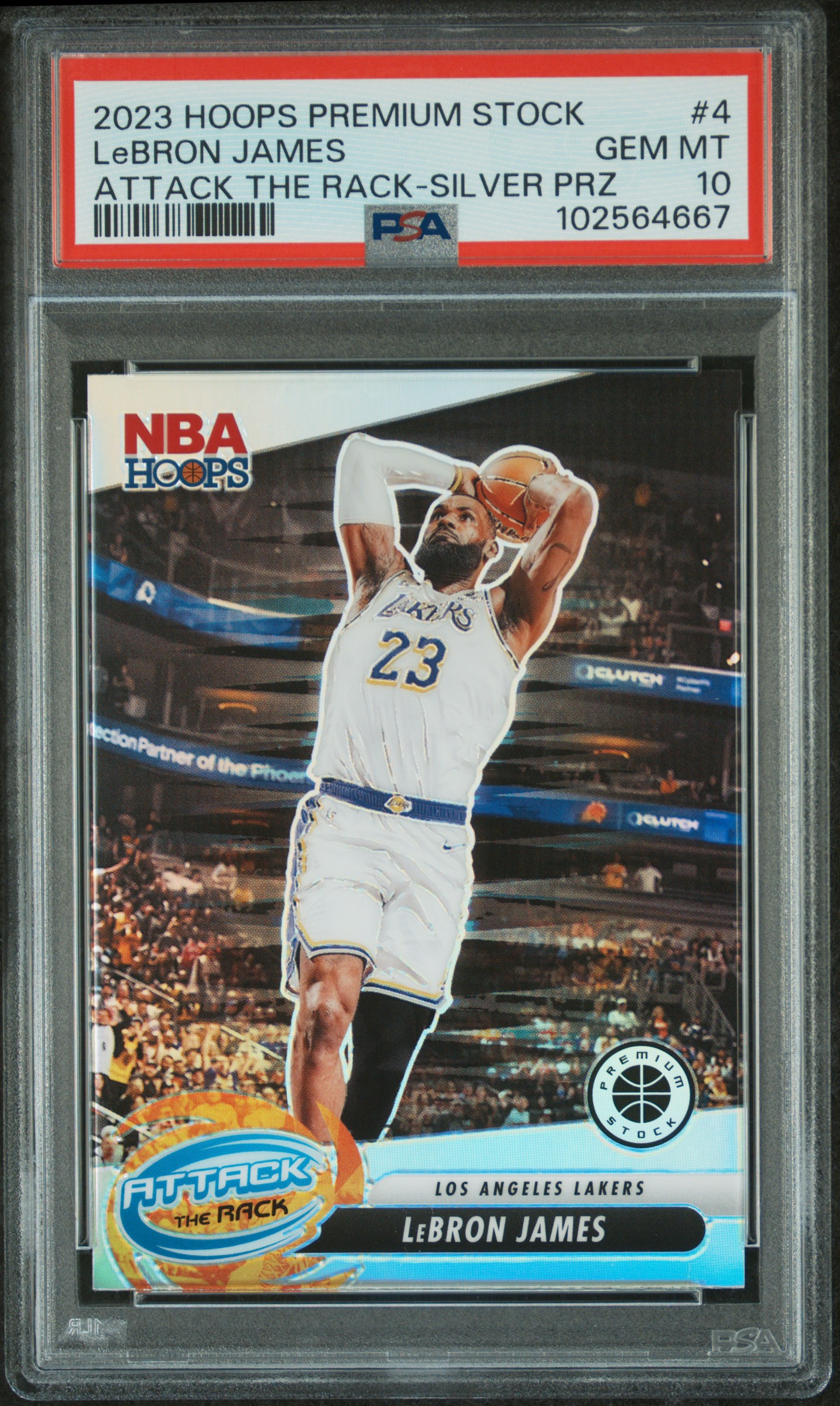 2023 Panini Hoops Premium Stock Attack The Rack Lebron James #4 (Attack The Rack-Silver Prz) Gem Mt 10 front