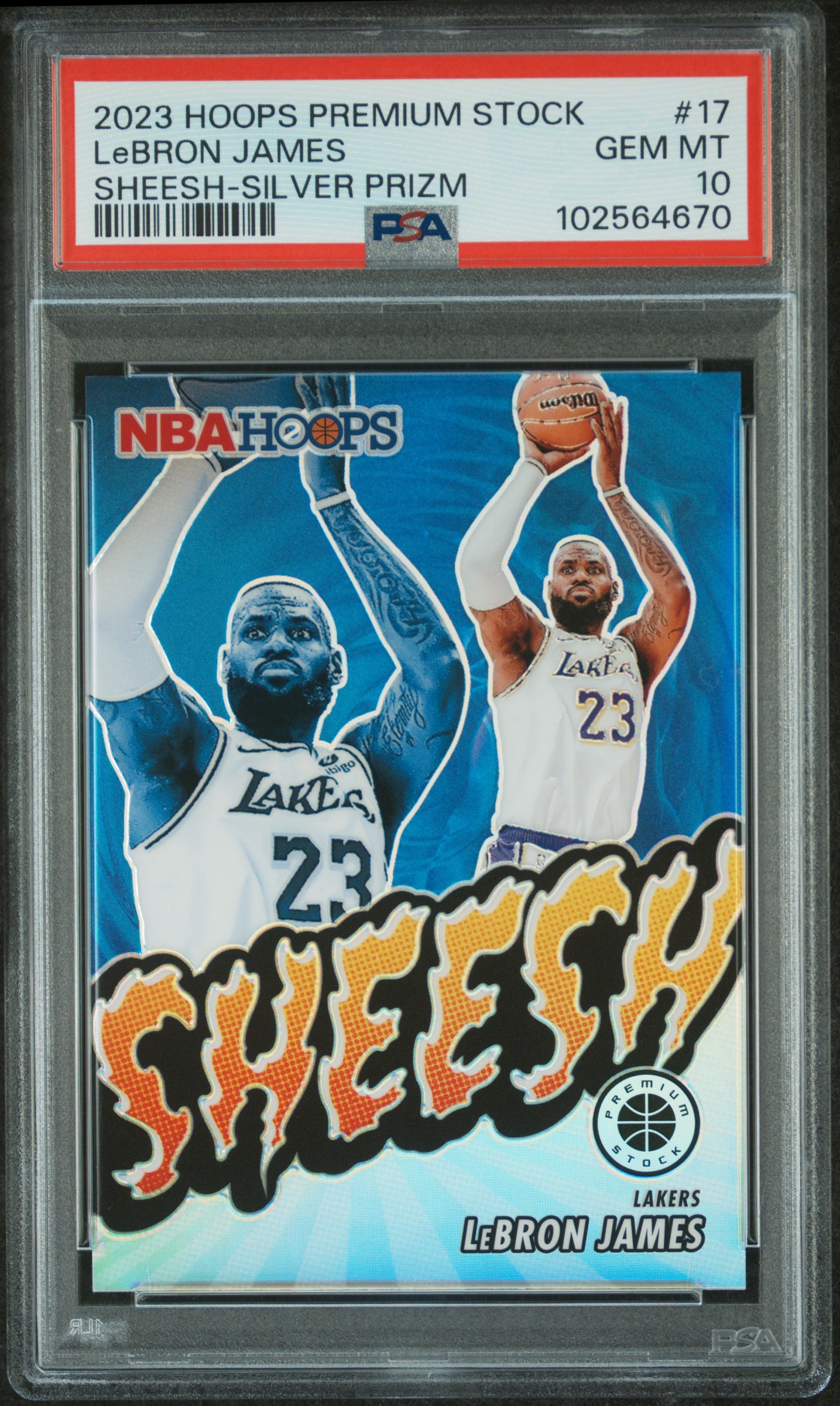 2023 Panini Hoops Premium Stock Sheesh Lebron James #17 (Sheesh-Silver Prizm) Gem Mt 10 front