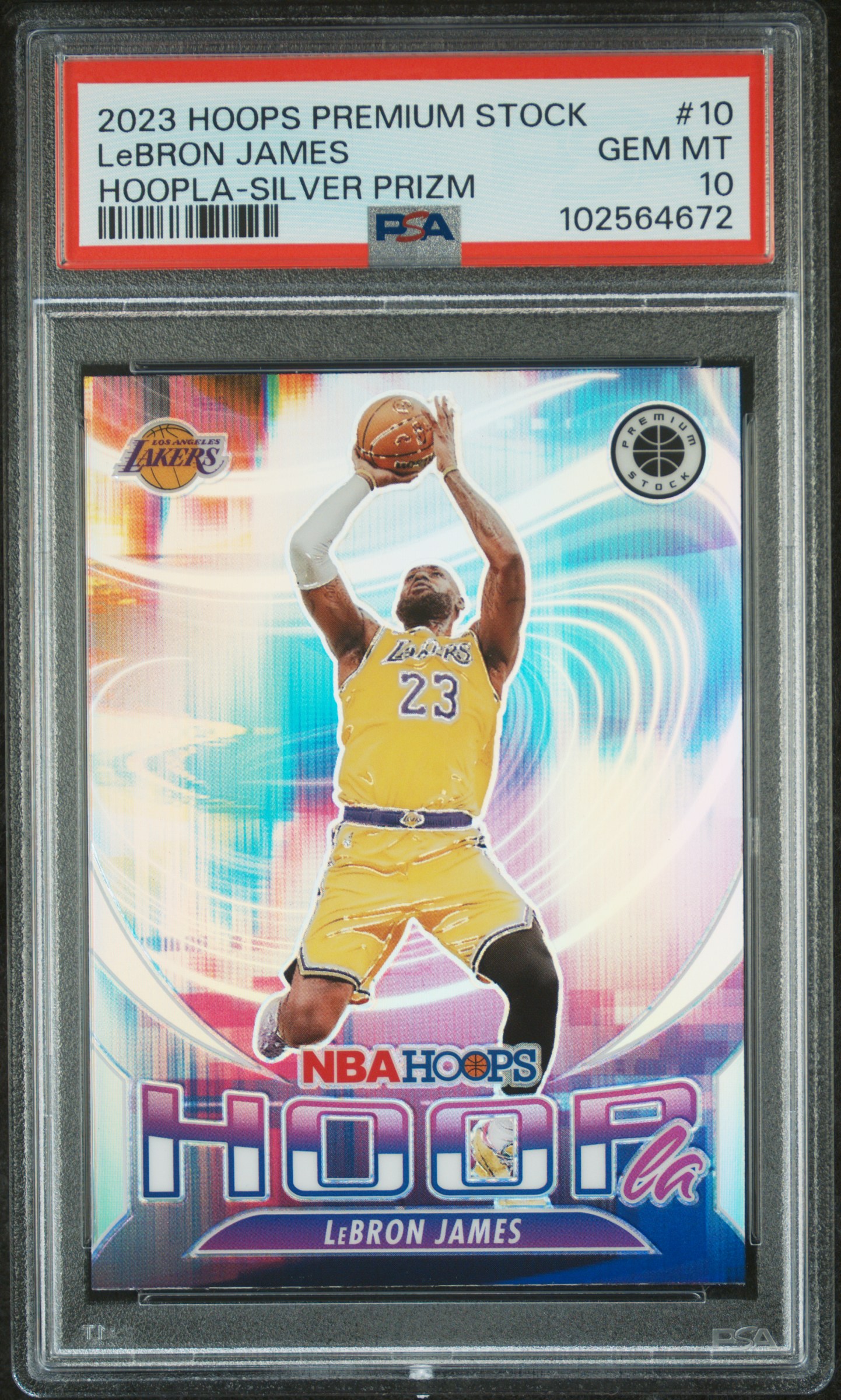 2023 Panini Hoops Premium Stock Hoopla Lebron James #10 (Hoopla-Silver Prizm) Gem Mt 10 front