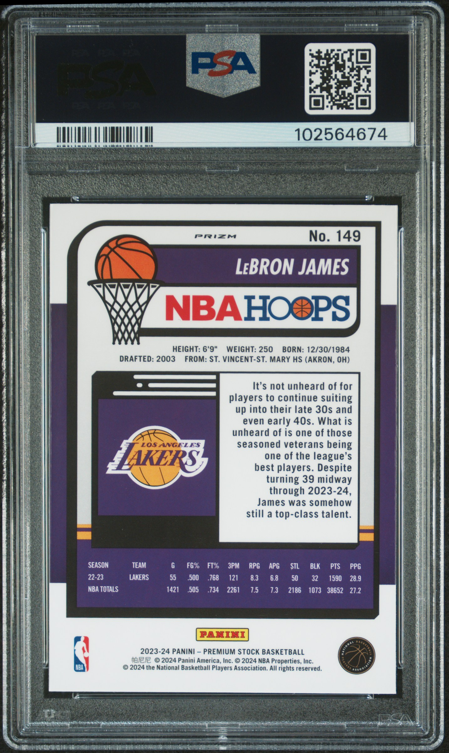 2023 Panini Hoops Premium Stock Lebron James #149 (Ice Prizm) Gem Mt 10 back