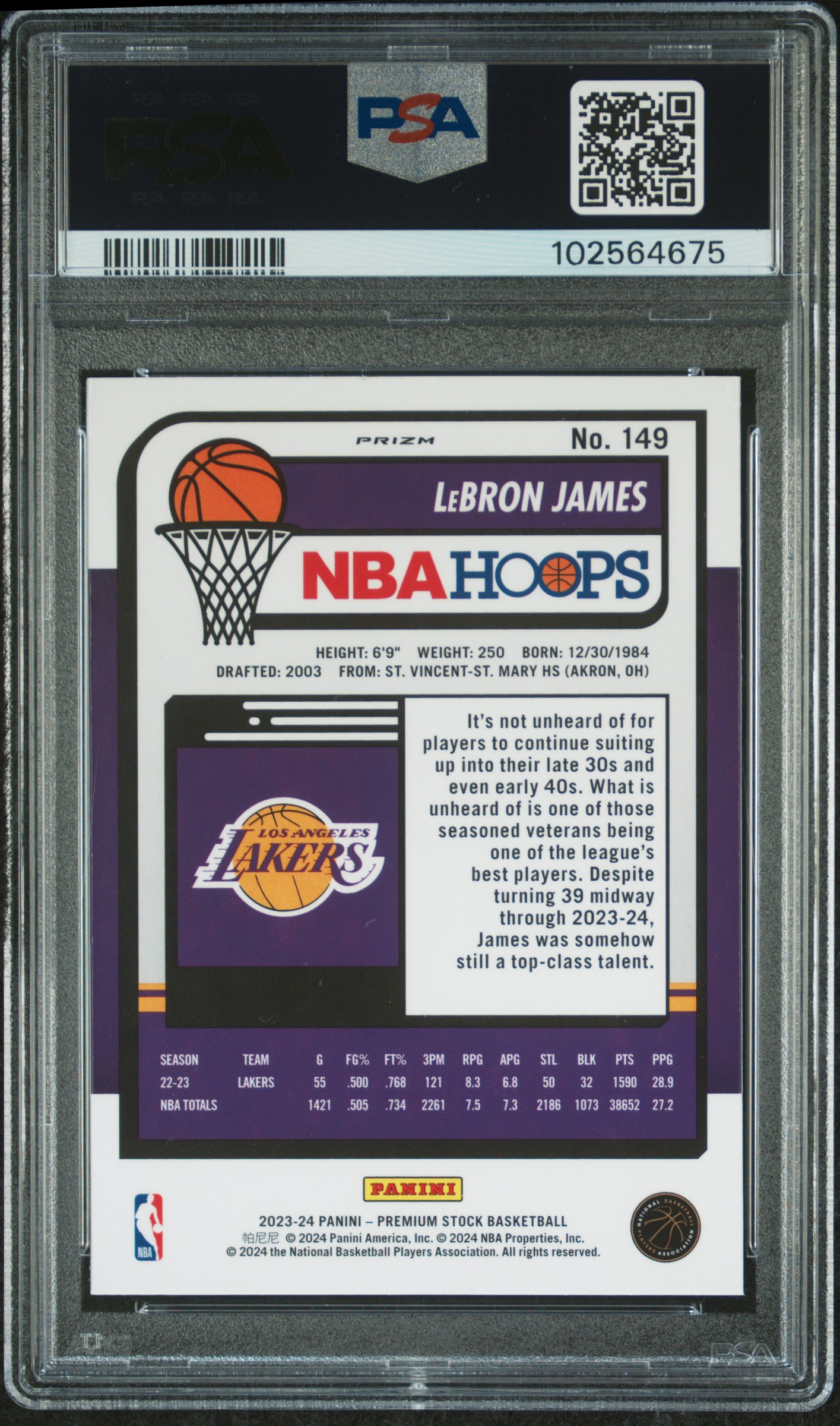 2023 Panini Hoops Premium Stock Lebron James #149 (Ice Prizm) Gem Mt 10 back