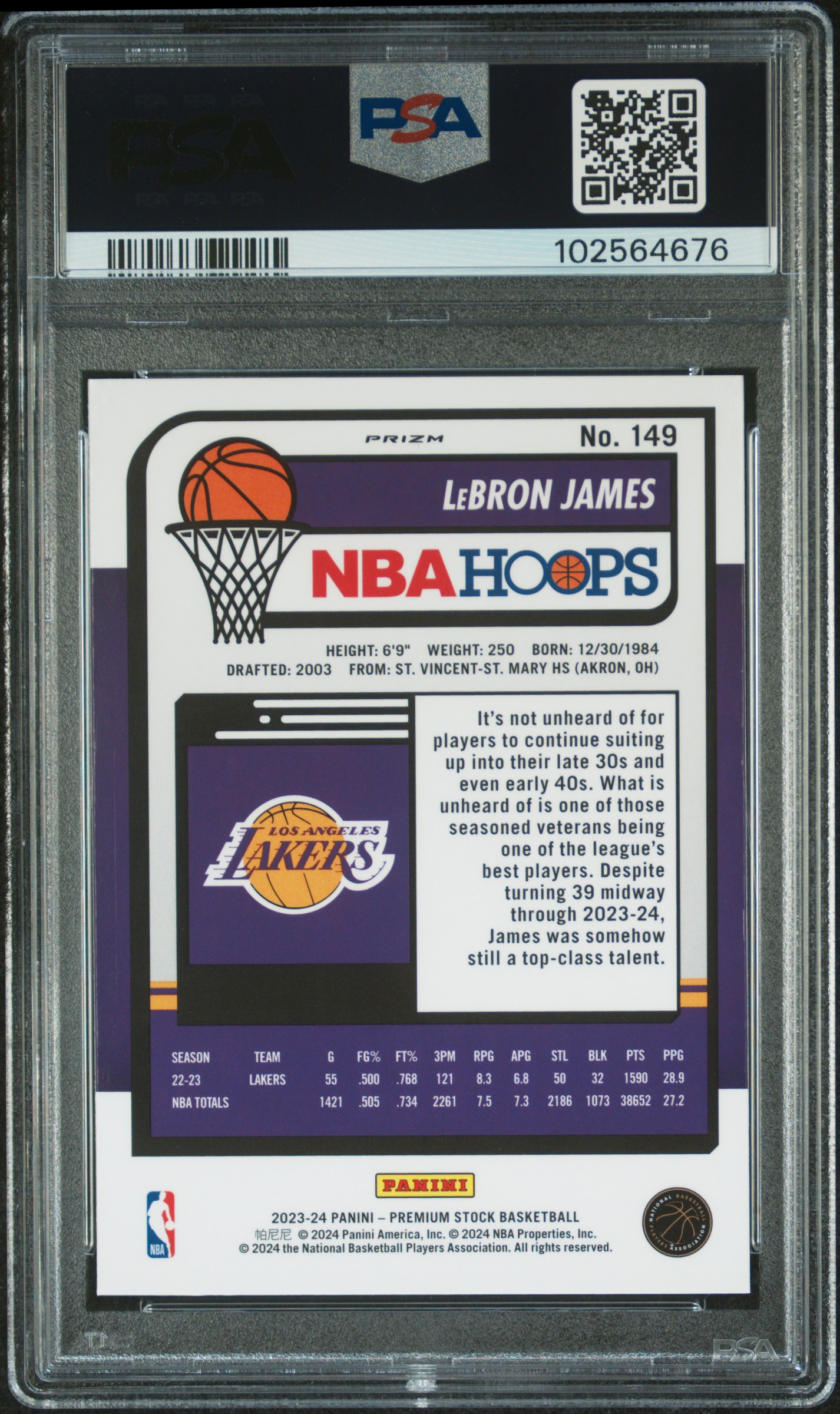 2023 Panini Hoops Premium Stock Lebron James #149 (Silver Prizm) Mint 9 back