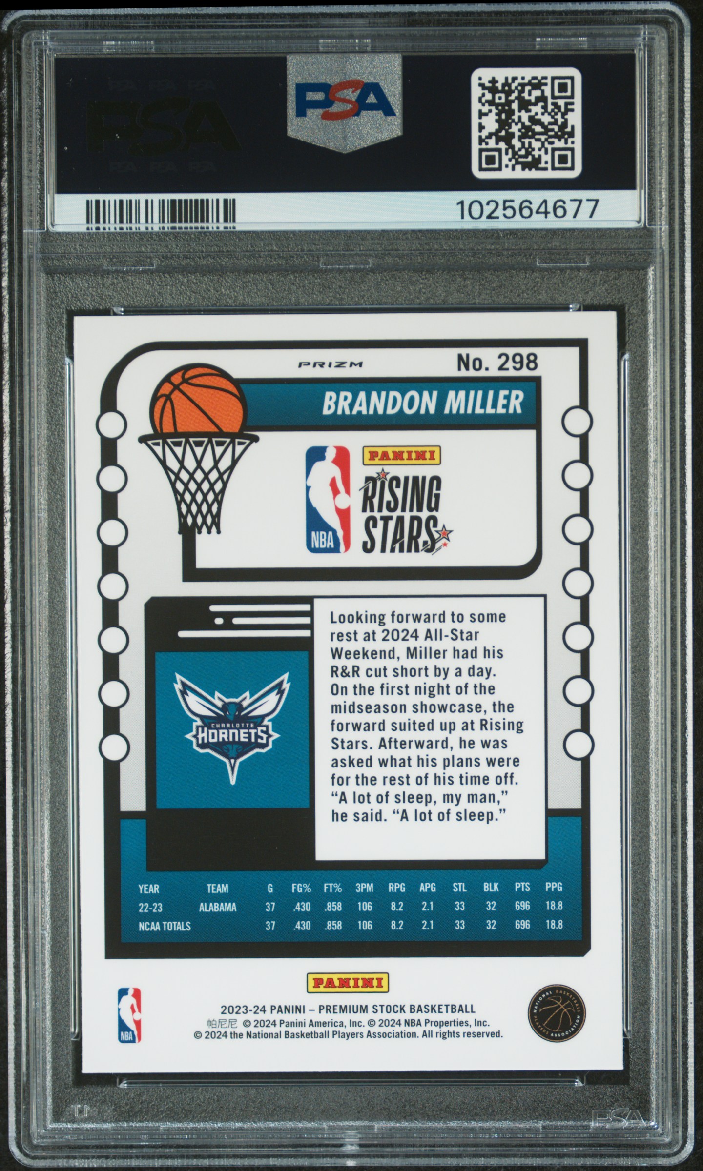 2023 Panini Hoops Premium Stock Brandon Miller #298 (Ice Prizm) Gem Mt 10 back