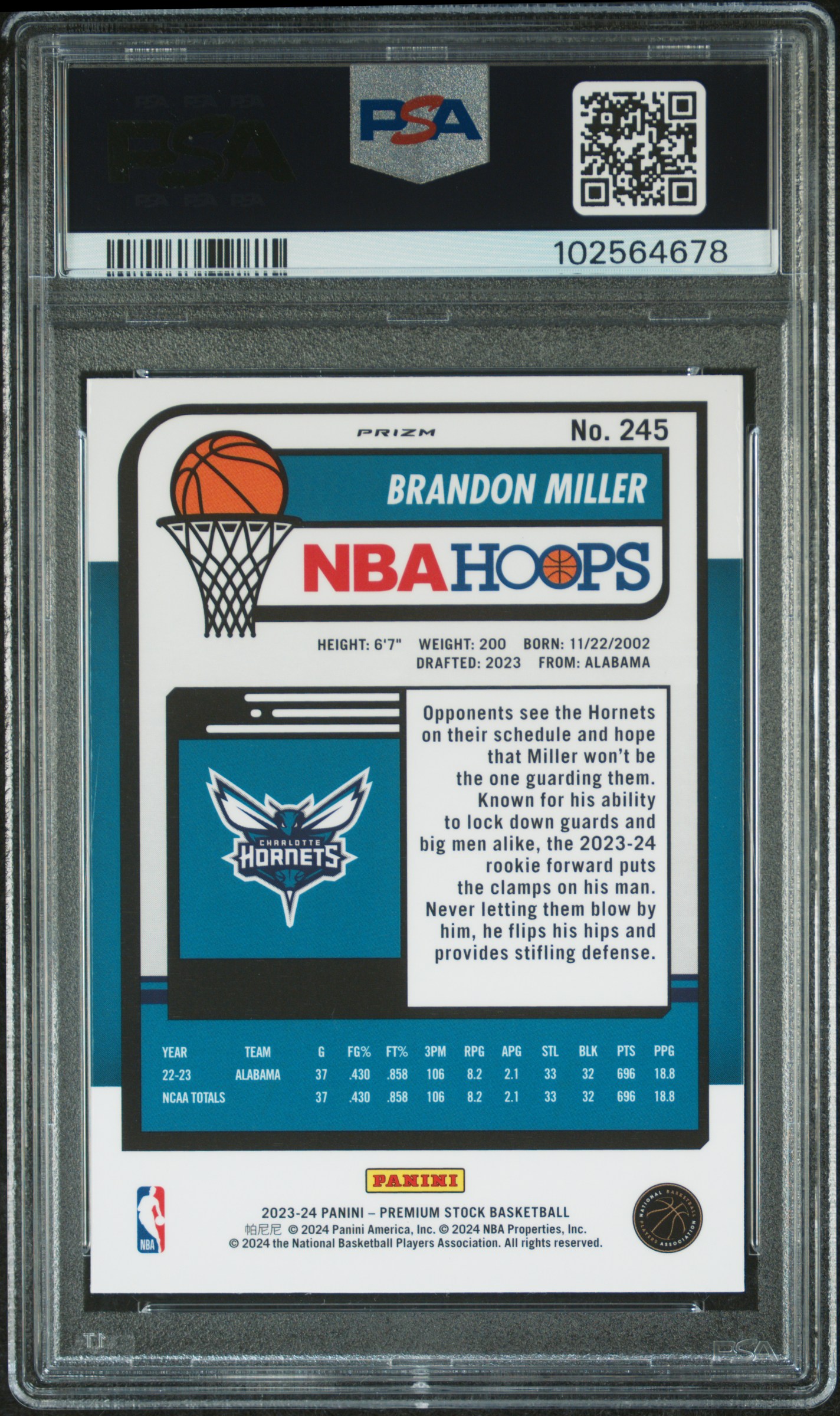 2023 Panini Hoops Premium Stock Brandon Miller #245 (Ice Prizm) Gem Mt 10 back