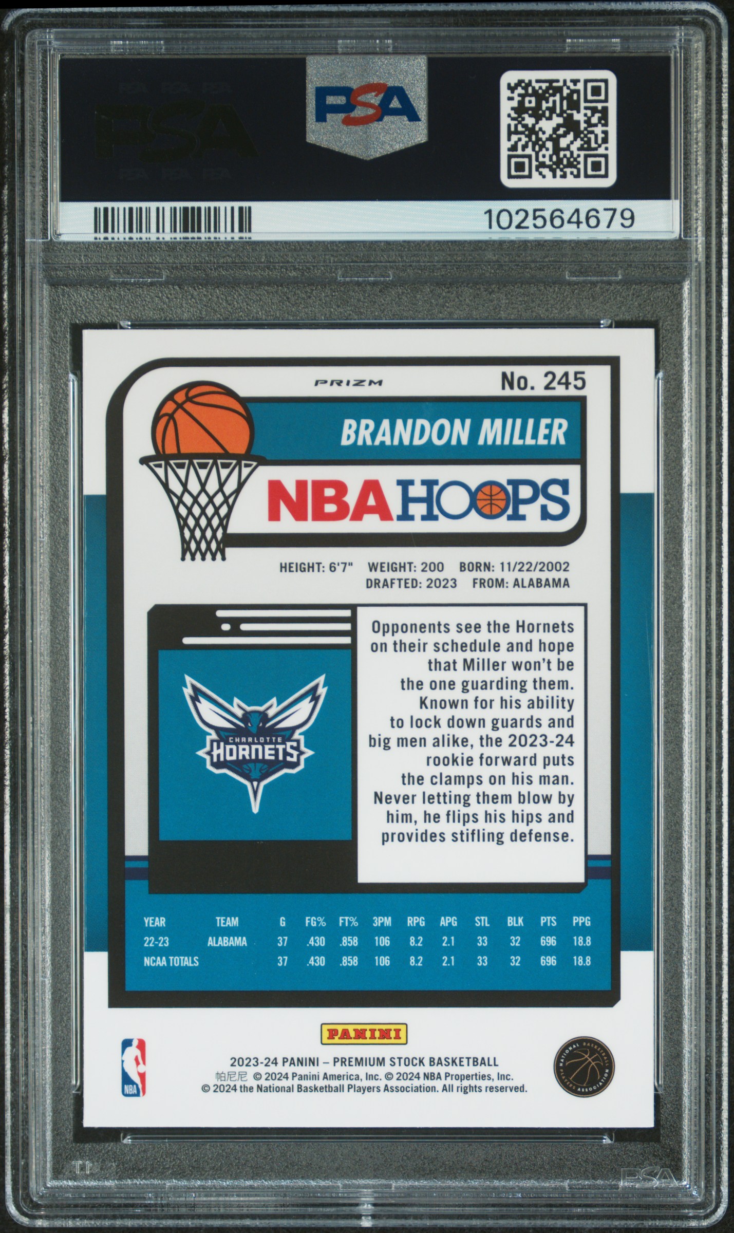 2023 Panini Hoops Premium Stock Brandon Miller #245 (Ice Prizm) Gem Mt 10 back