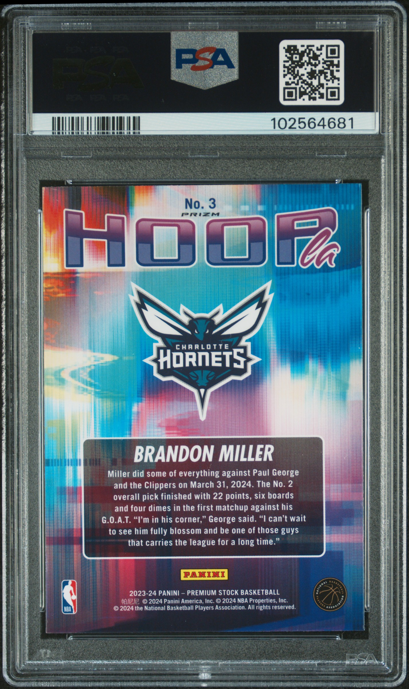 2023 Panini Hoops Premium Stock Hoopla Brandon Miller #3 (Hoopla-Silver Prizm) Mint 9 back