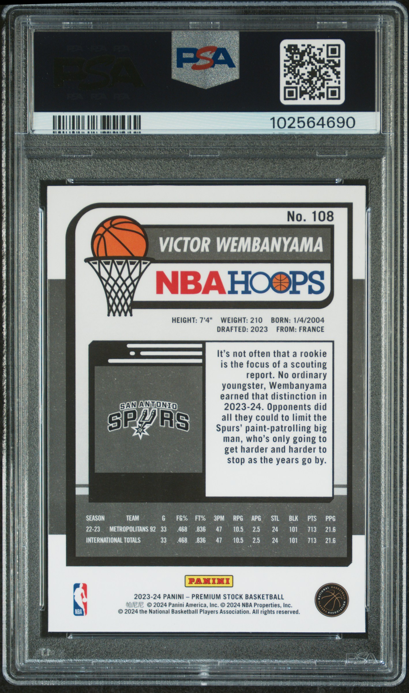 2023 Panini Hoops Premium Stock Victor Wembanyama #108 Gem Mt 10 back