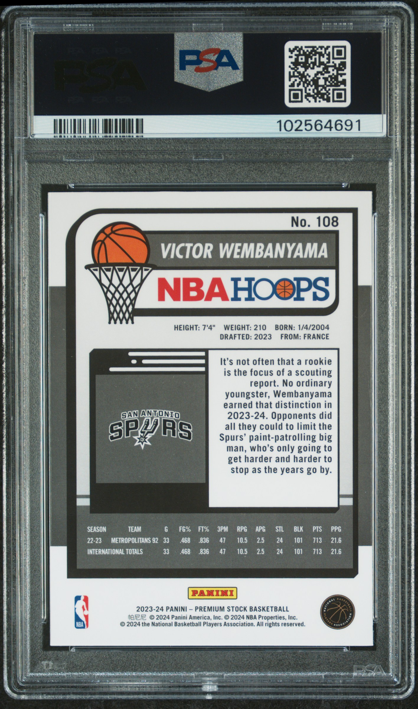 2023 Panini Hoops Premium Stock Victor Wembanyama #108 Mint 9 back