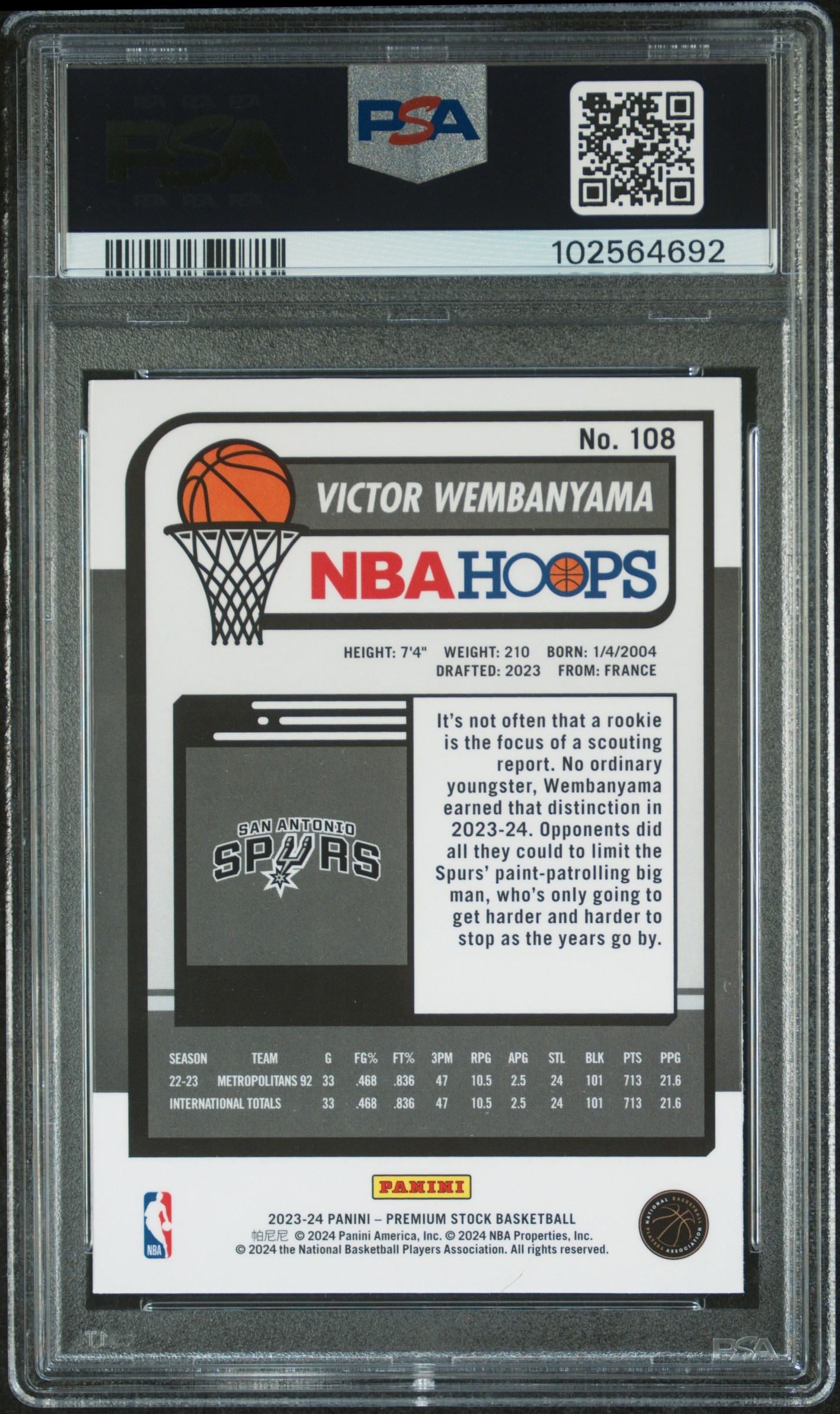 2023 Panini Hoops Premium Stock Victor Wembanyama #108 Gem Mt 10 back