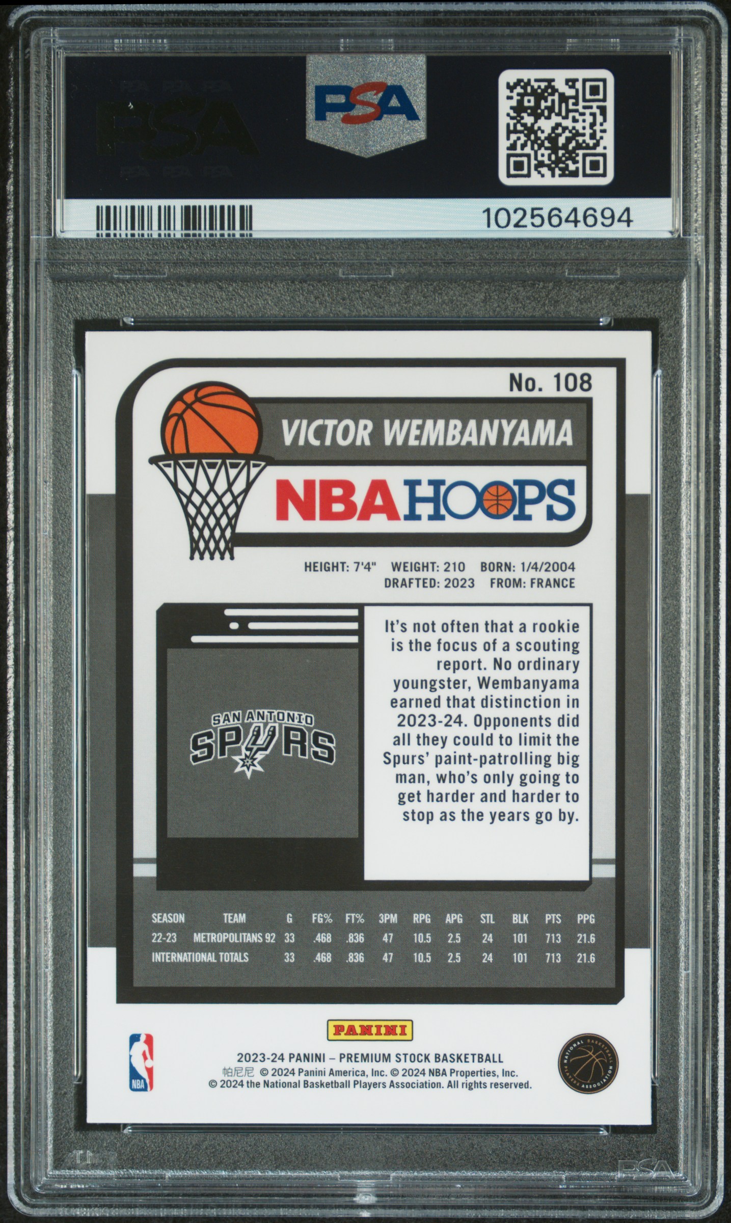 2023 Panini Hoops Premium Stock Victor Wembanyama #108 Mint 9 back