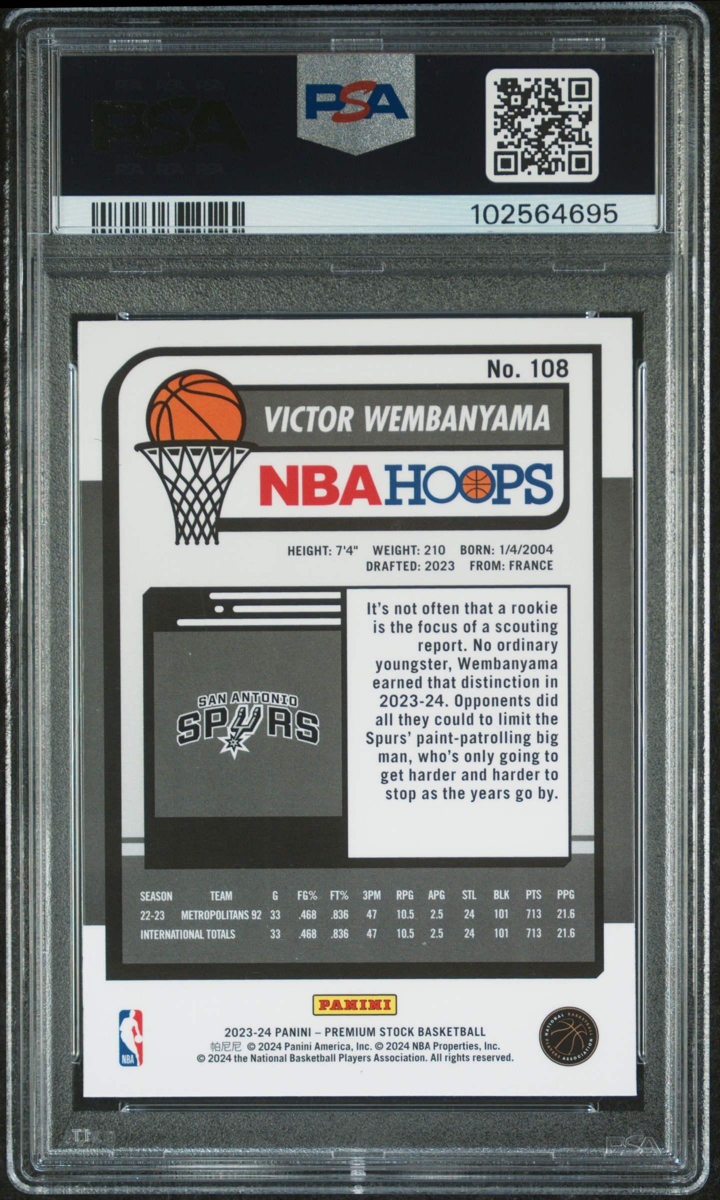 2023 Panini Hoops Premium Stock Victor Wembanyama #108 Mint 9 back