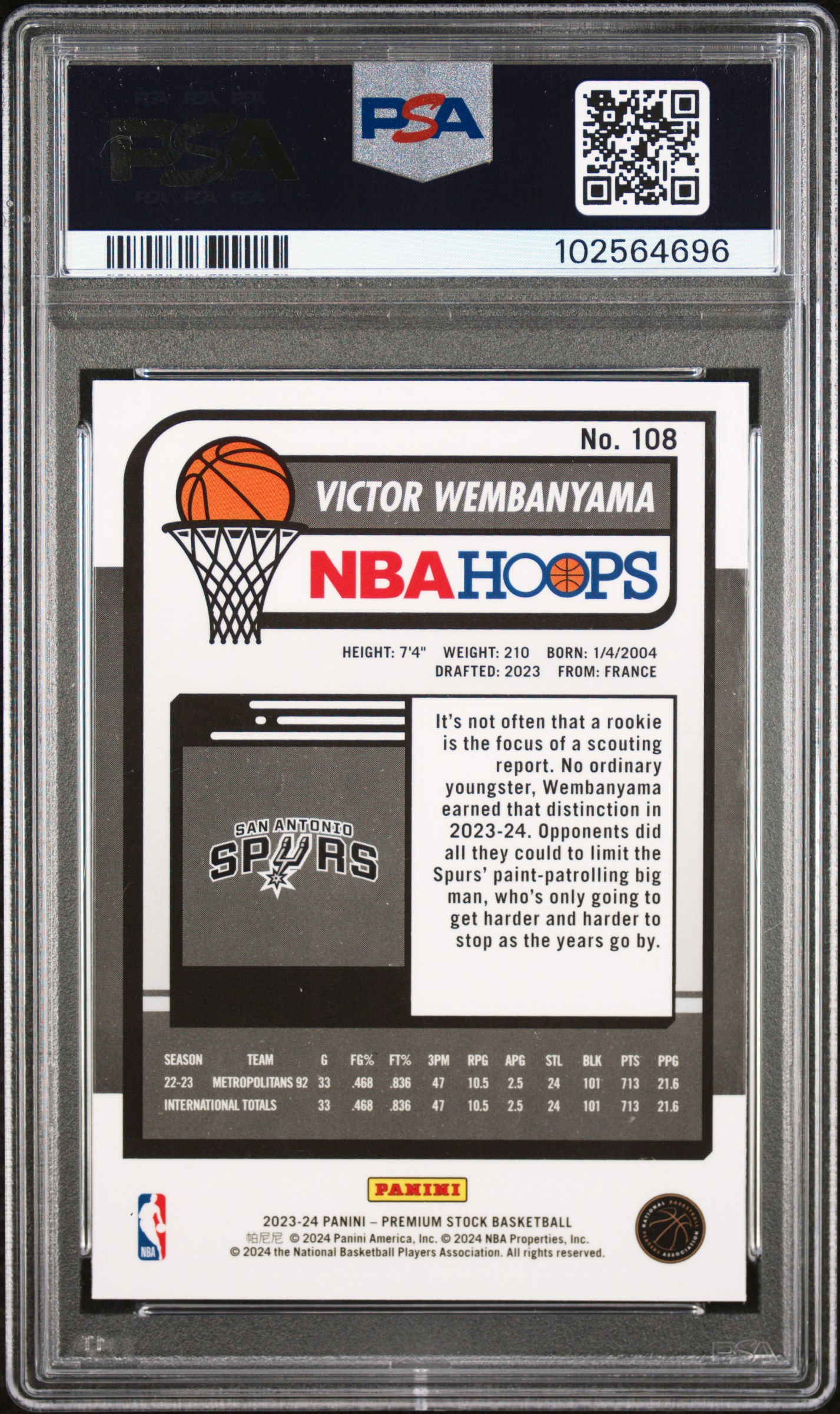 2023 Panini Hoops Premium Stock Victor Wembanyama #108 Mint 9 back