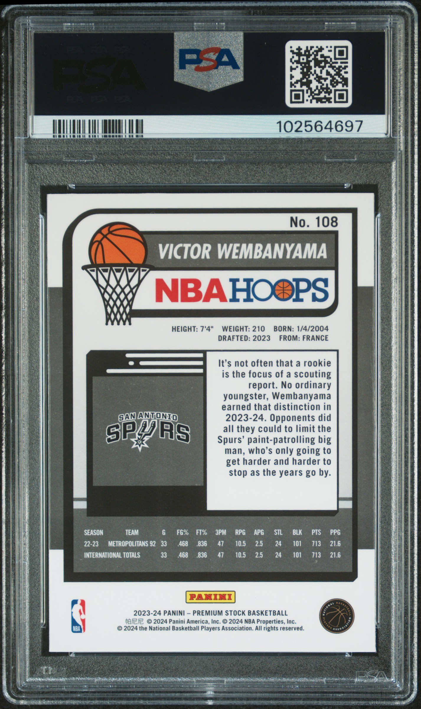 2023 Panini Hoops Premium Stock Victor Wembanyama #108 Mint 9 back