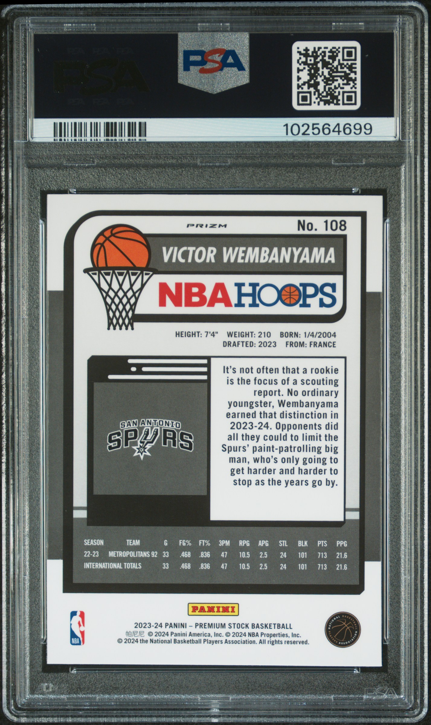 2023 Panini Hoops Premium Stock Victor Wembanyama #108 (Ice Prizm) Gem Mt 10 back
