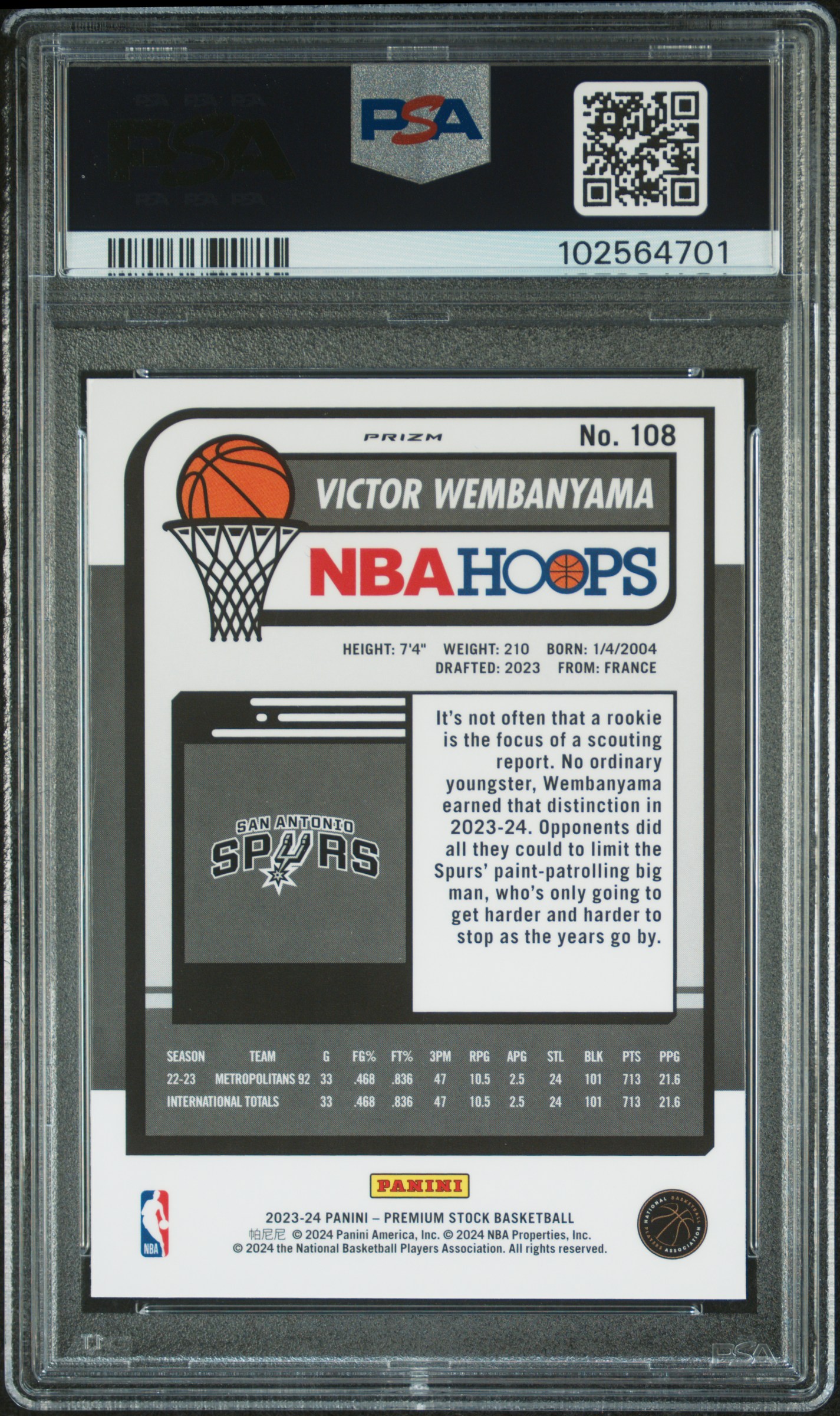 2023 Panini Hoops Premium Stock Victor Wembanyama #108 (Silver Prizm) Gem Mt 10 back