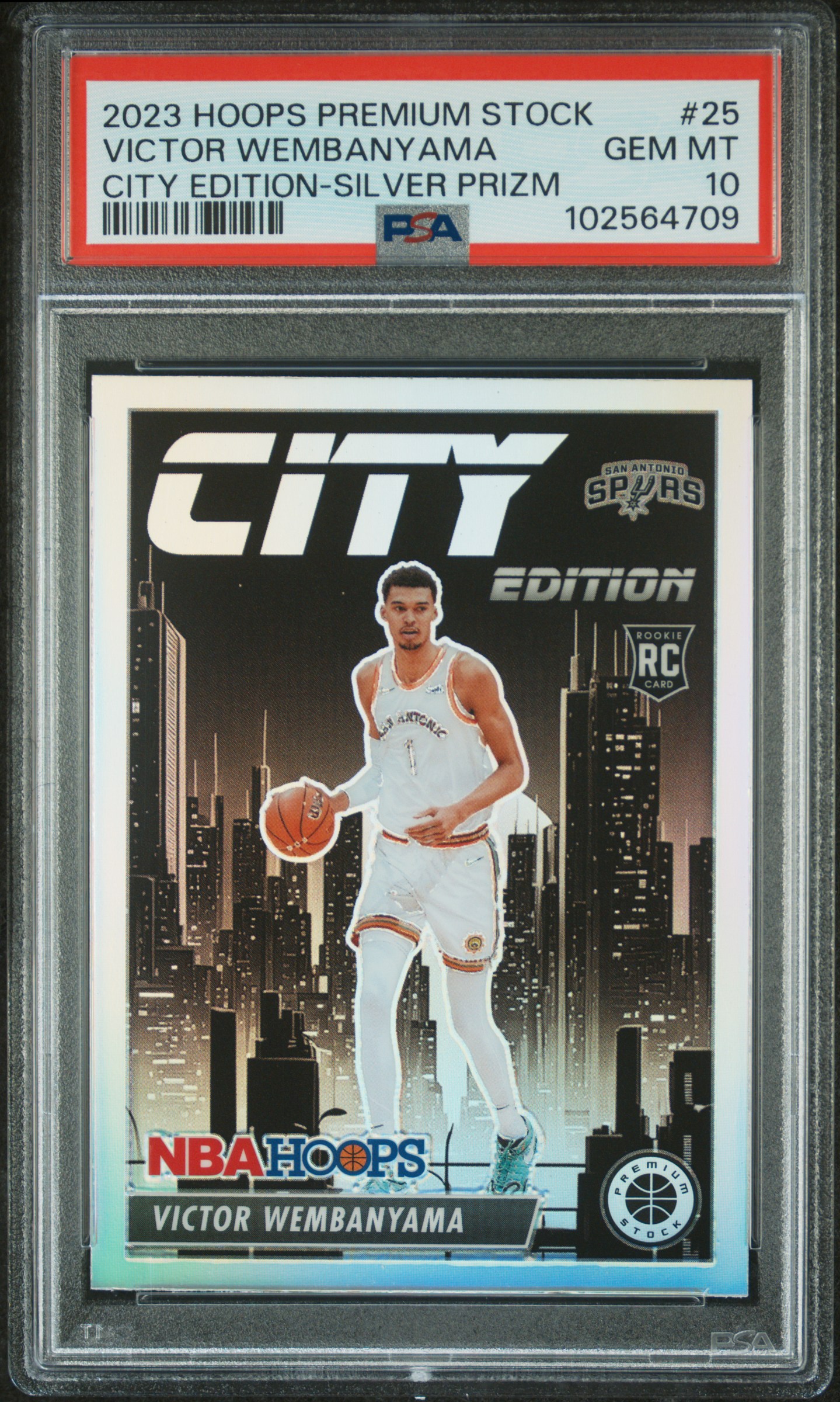 2023 Panini Hoops Premium Stock City Edition Victor Wembanyama #25 (City Edition-Silver Prizm) Gem Mt 10 front