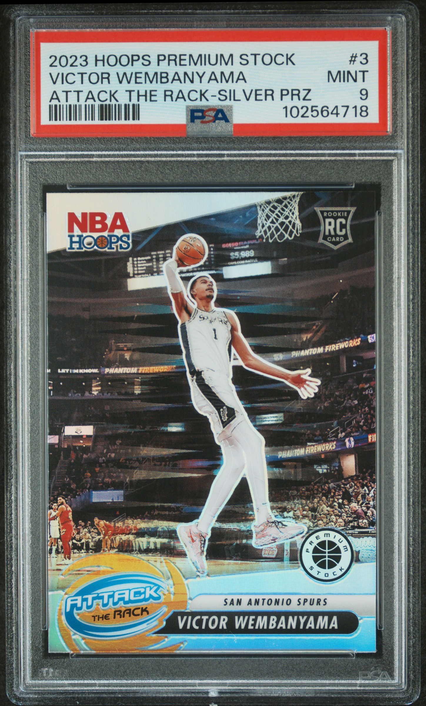 2023 Panini Hoops Premium Stock Attack The Rack Victor Wembanyama #3 (Attack The Rack-Silver Prz) Mint 9 front