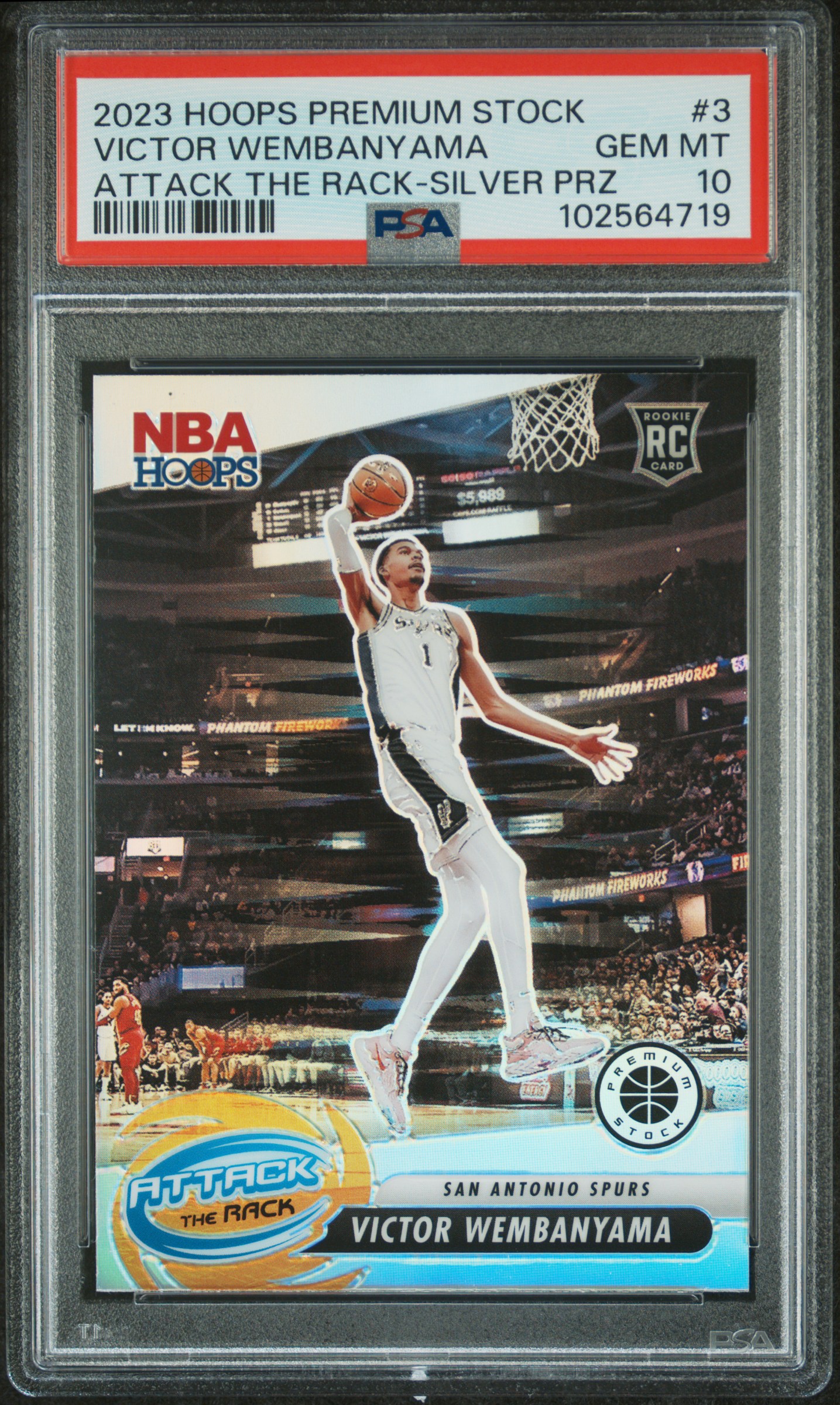 2023 Panini Hoops Premium Stock Attack The Rack Victor Wembanyama #3 (Attack The Rack-Silver Prz) Gem Mt 10 front