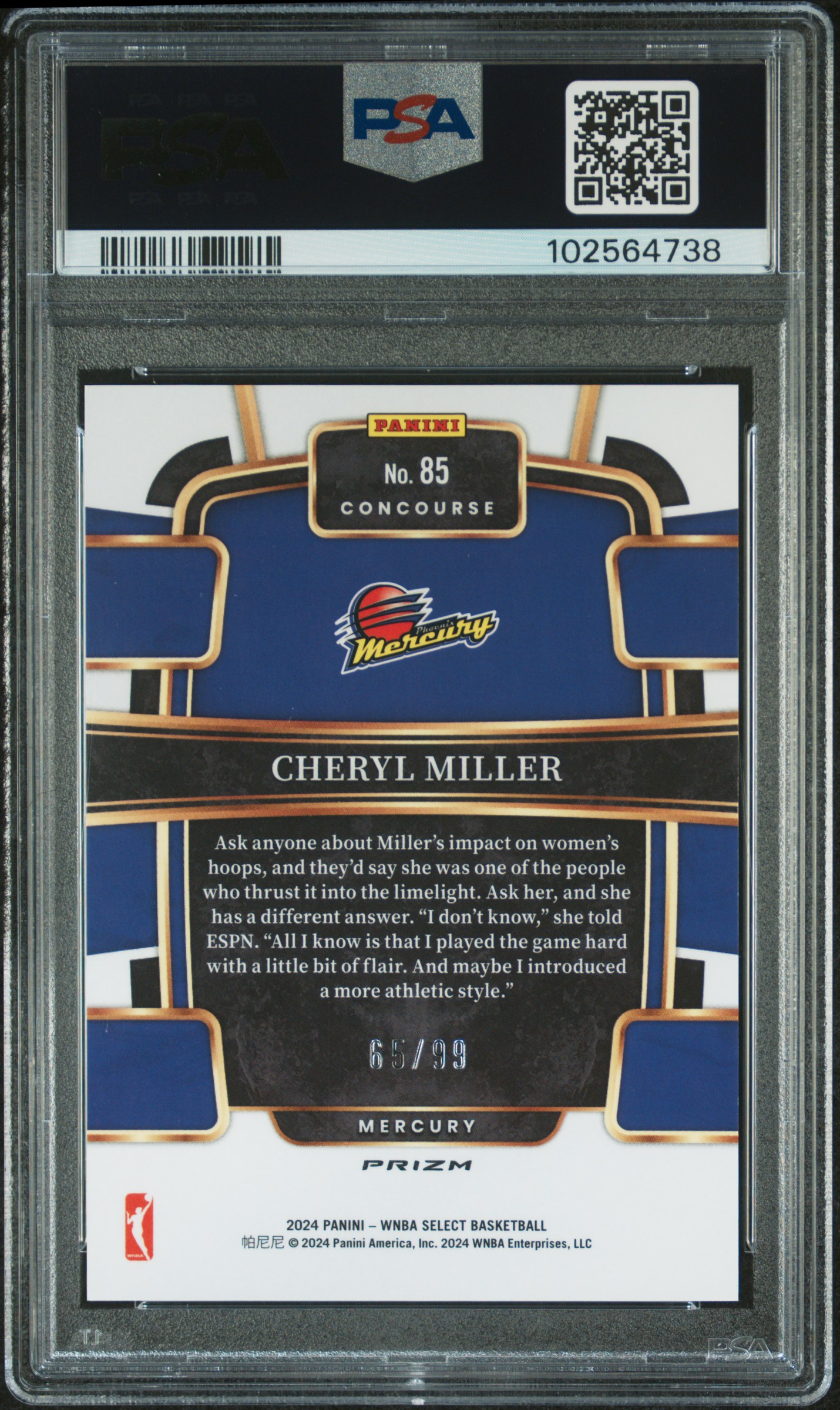 2024 Panini Select Wnba Cheryl Miller #85 (Pink & Purple Prizm) Mint 9 back
