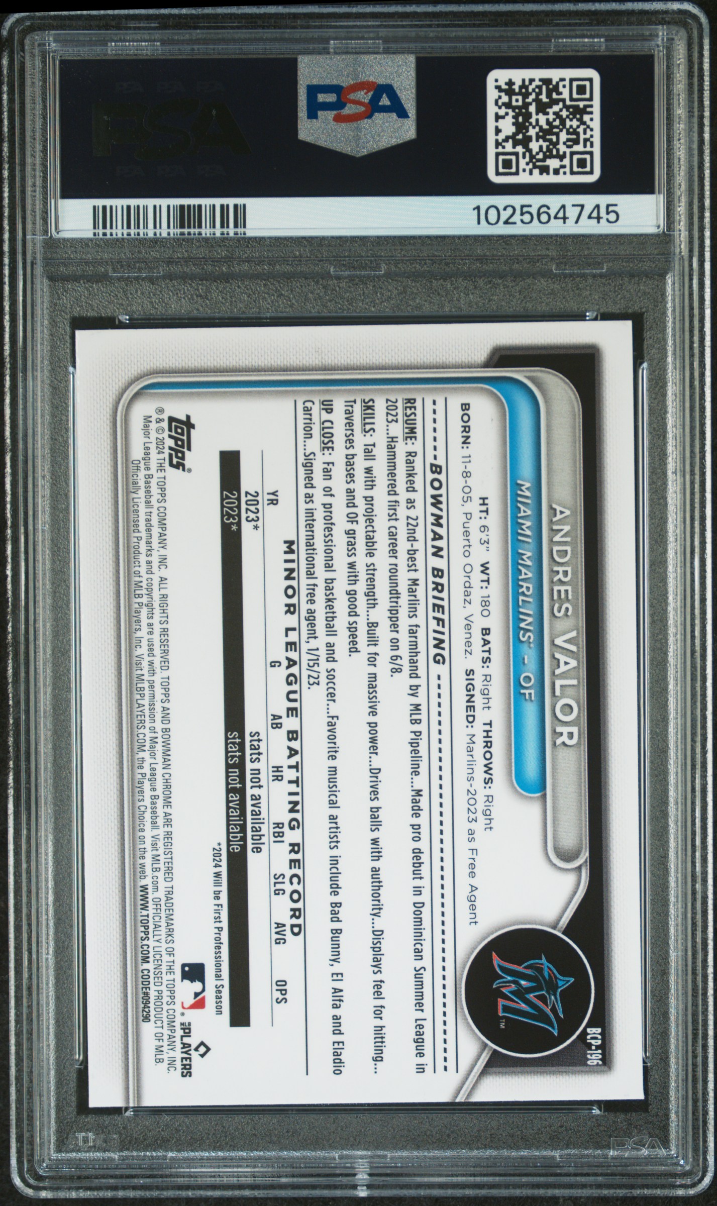 2024 Bowman Mega Box Chrome Prospects Andres Valor #196 (Prospects-Pink Refractor) Gem Mt 10 back