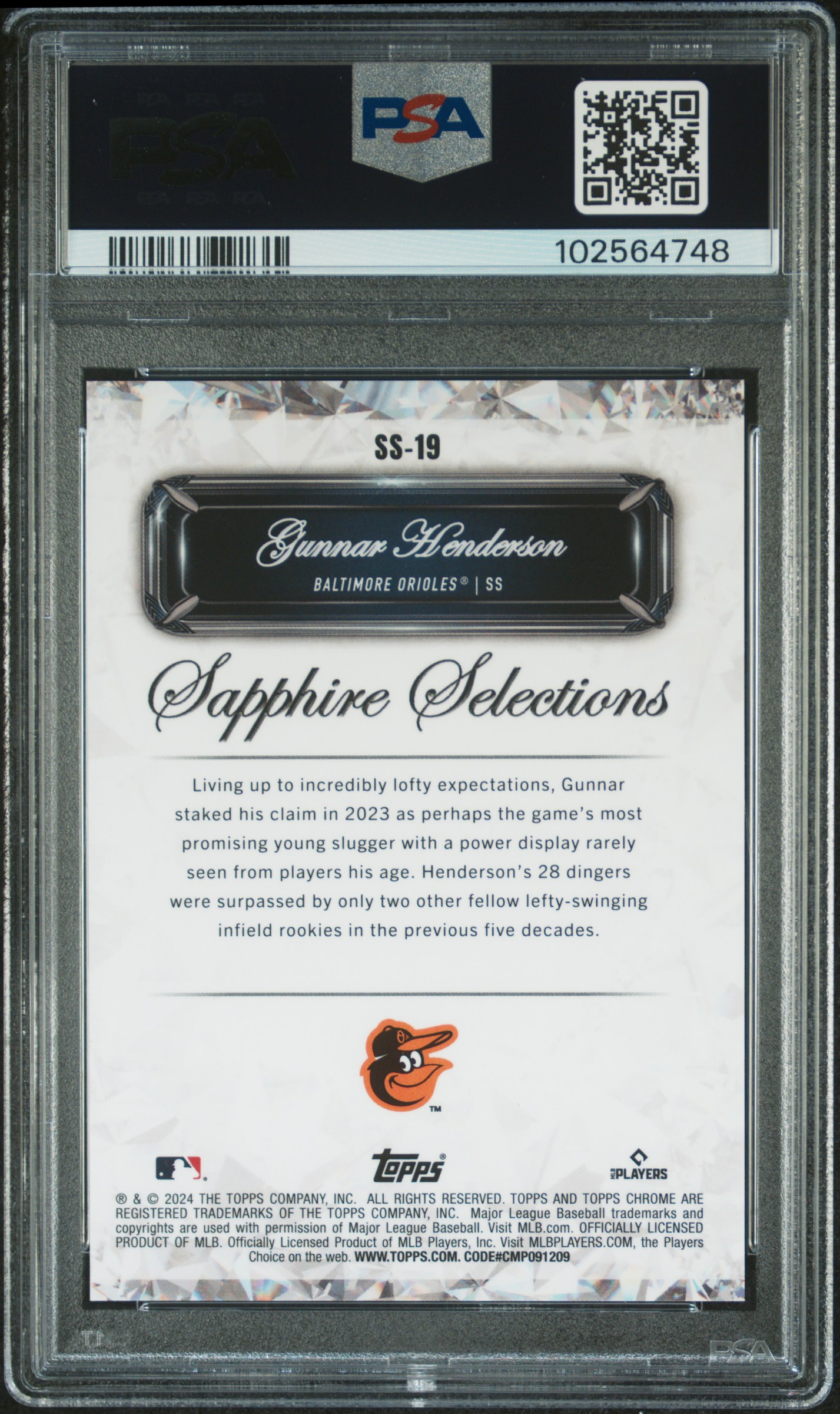 2024 Topps Chrome Sapphire Sapphire Selections Gunnar Henderson #Ss19 (Sapphire Selections-Gold) Gem Mt 10 back