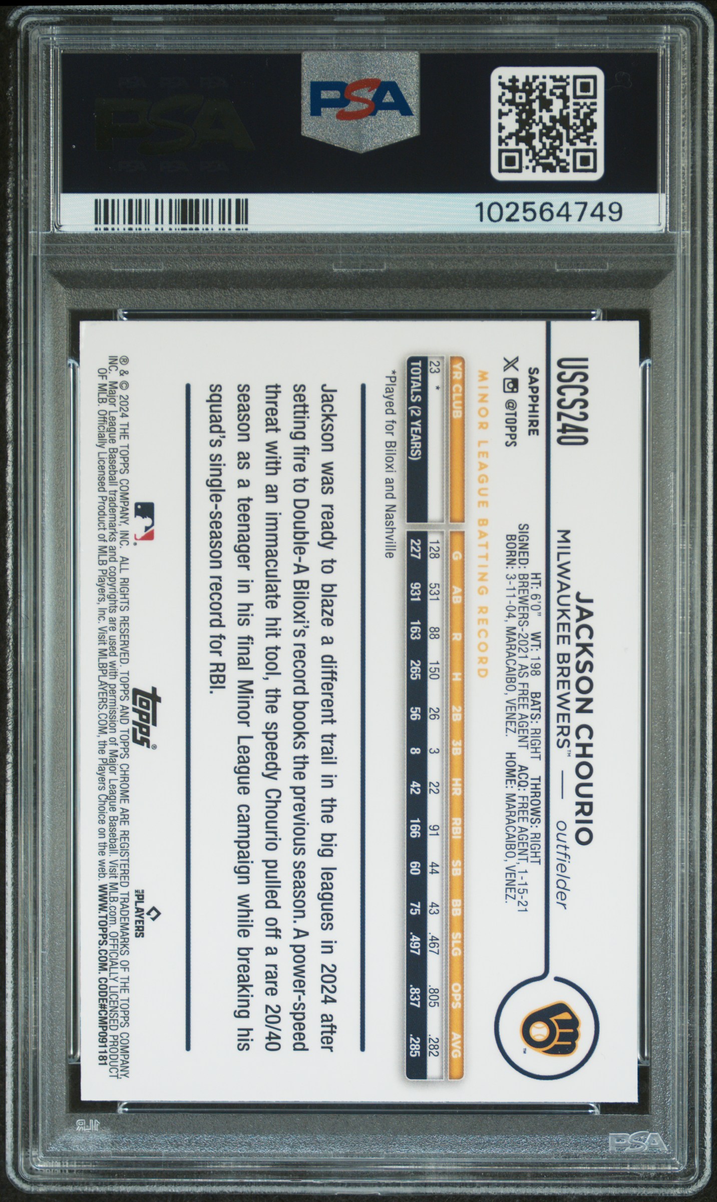 2024 Topps Chrome Sapphire Update Series Jackson Chourio #240 Mint 9 back