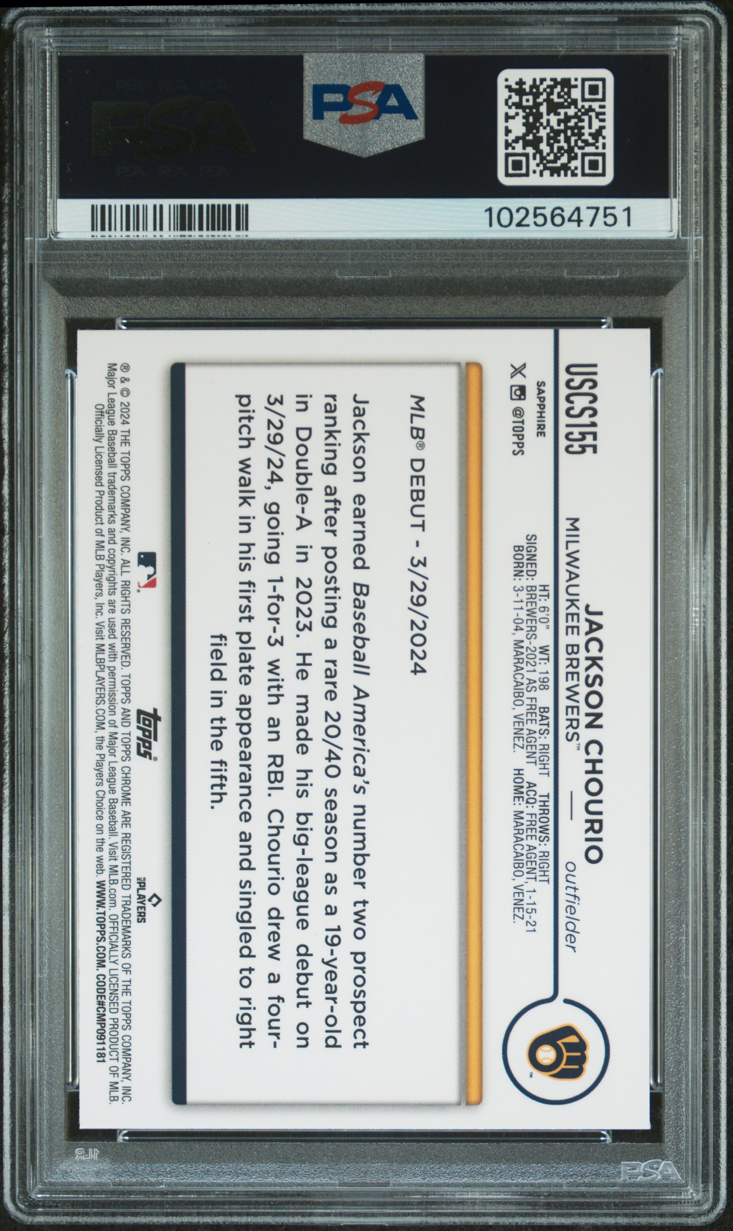 2024 Topps Chrome Sapphire Update Series Jackson Chourio #155 Gem Mt 10 back