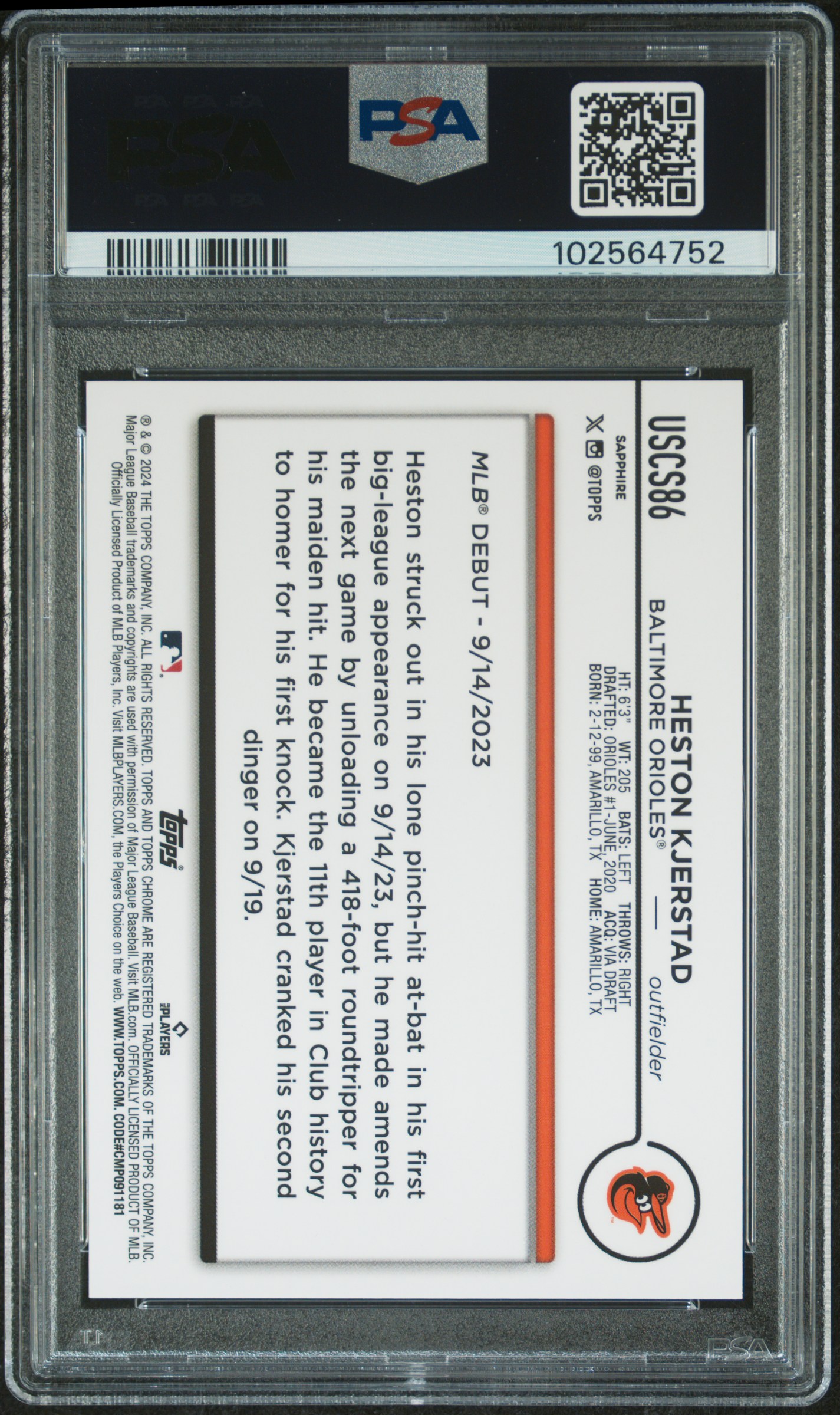 2024 Topps Chrome Sapphire Update Series Heston Kjerstad #86 (Orange) Gem Mt 10 back