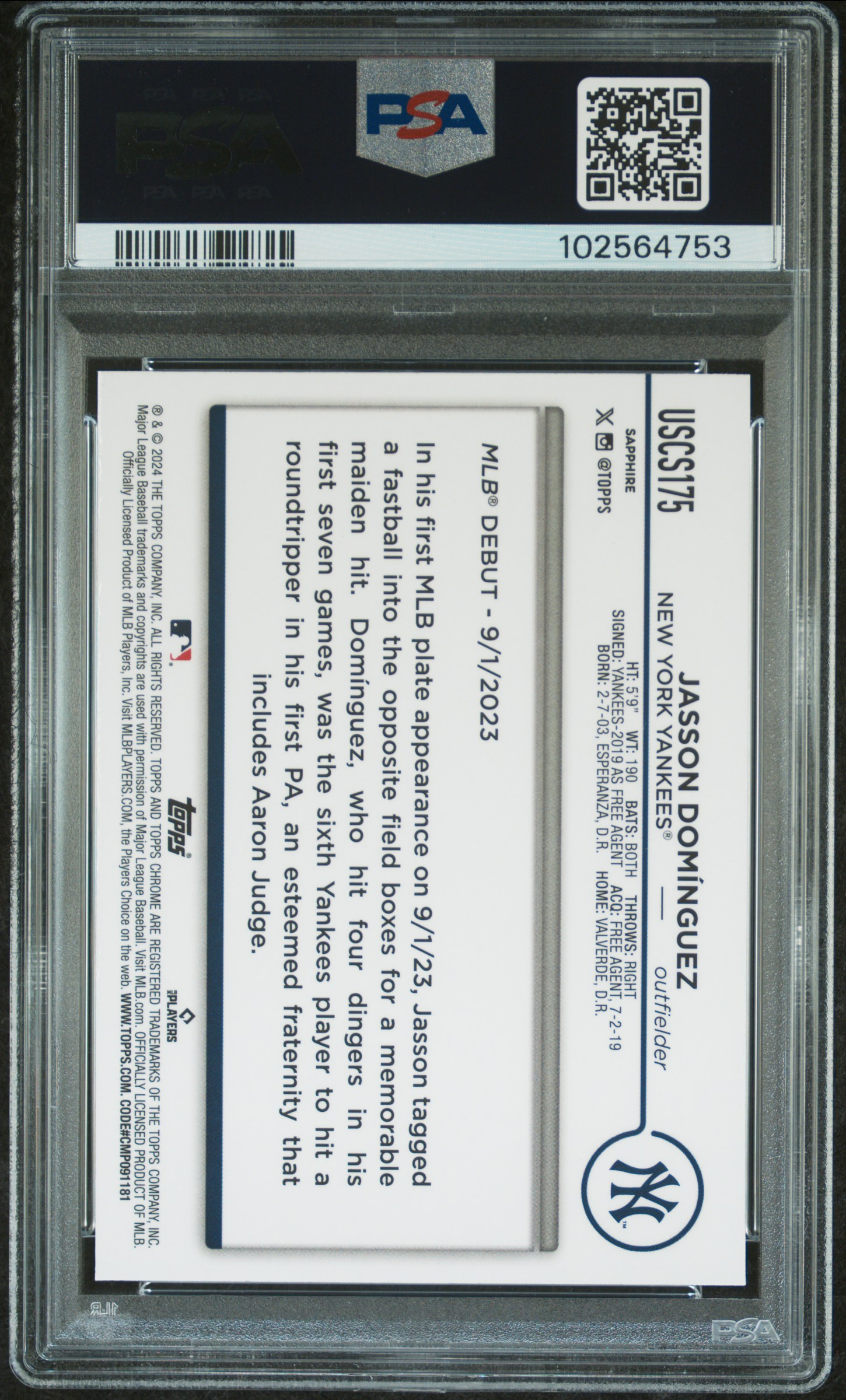 2024 Topps Chrome Sapphire Update Series Jasson Dominguez #175 Gem Mt 10 back