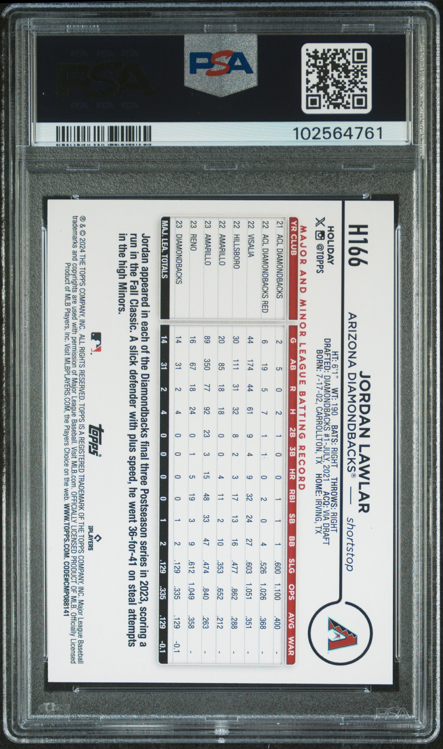 2024 Topps Holiday Jordan Lawlar #H166 (Blue Metallic Glitter) Nm-Mt 8 back