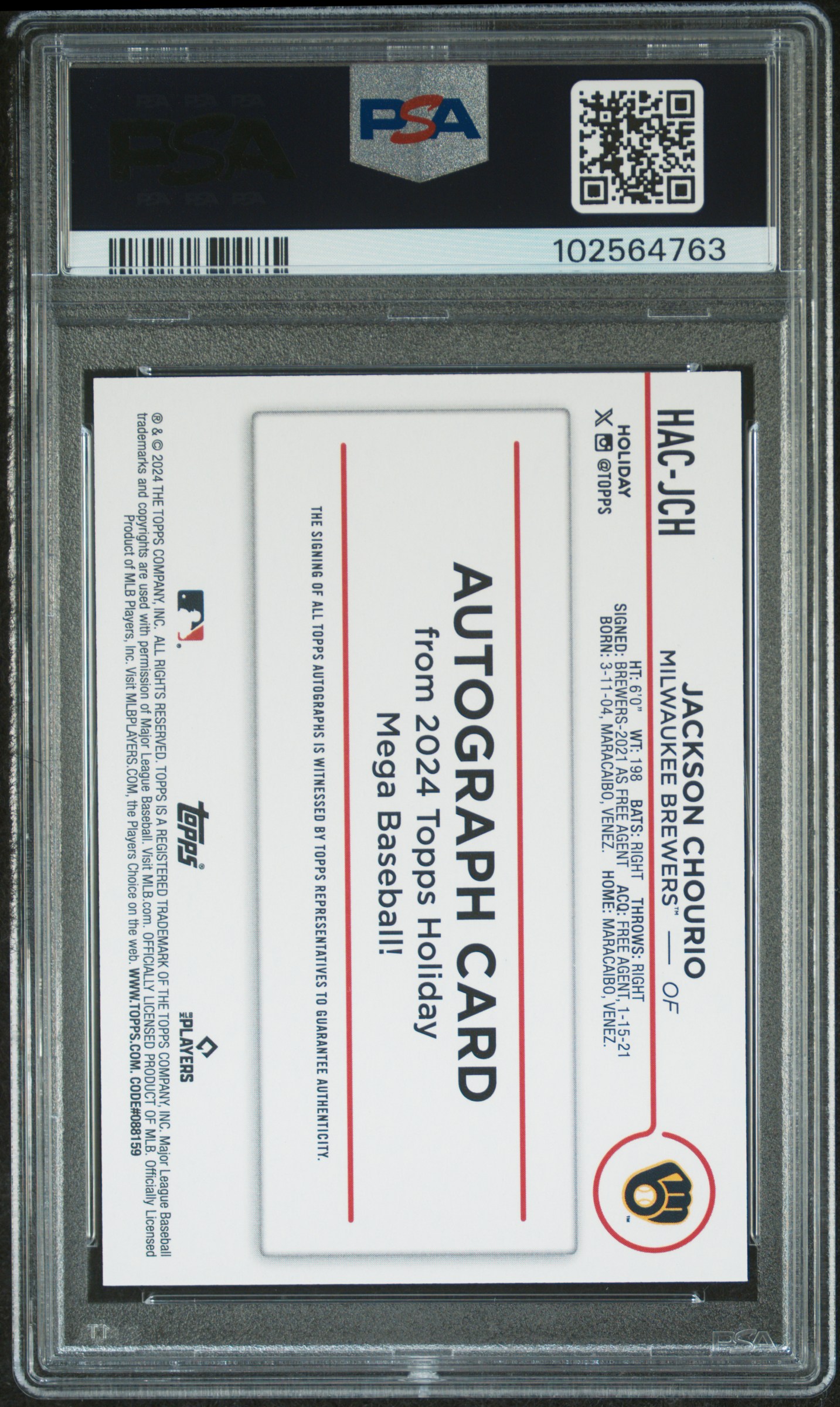 2024 Topps Holiday Autographs Jackson Chourio #Hacjch Nm 7 back