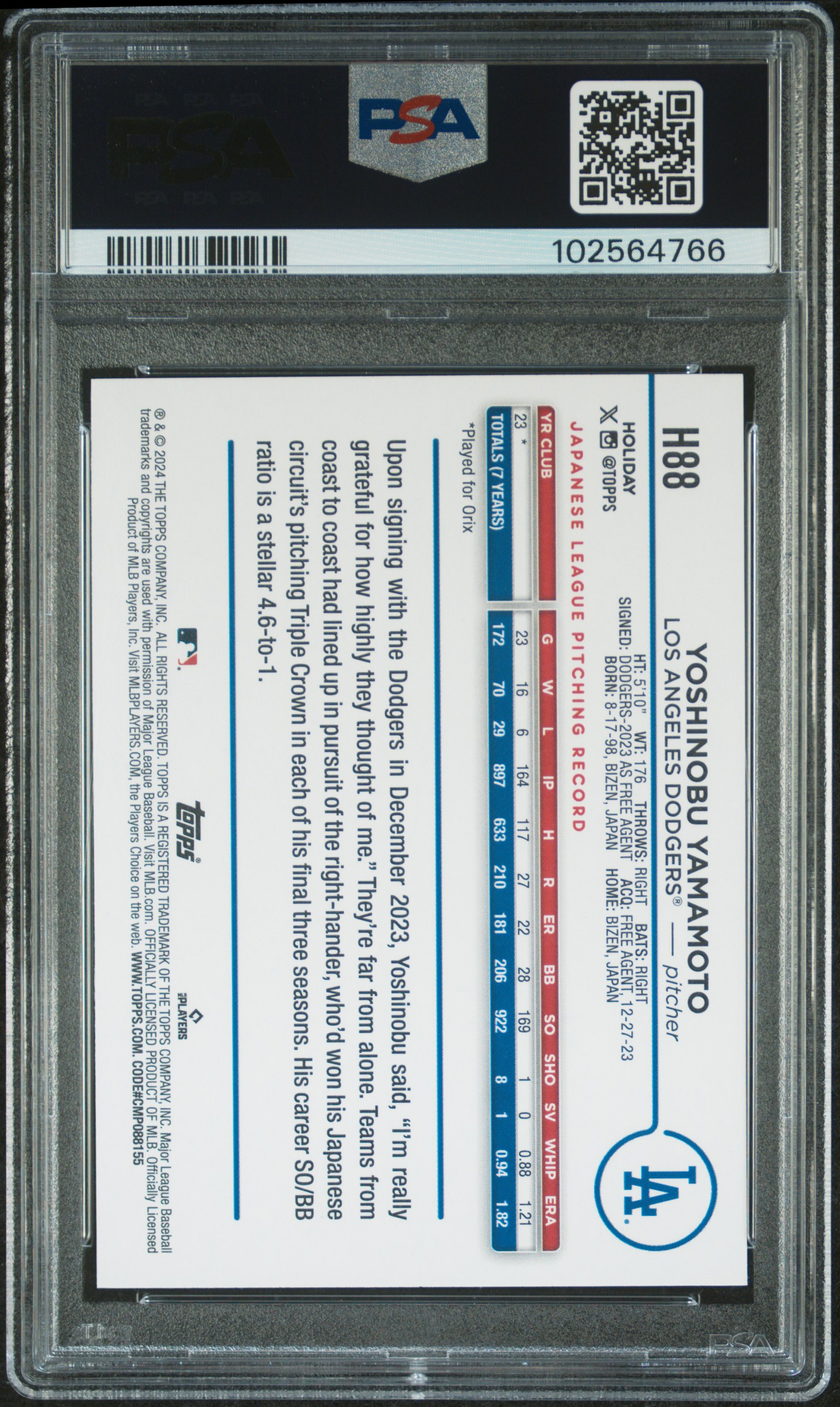 2024 Topps Holiday Yoshinobu Yamamoto #H88 (Variation) Nm-Mt+ 8.5 back