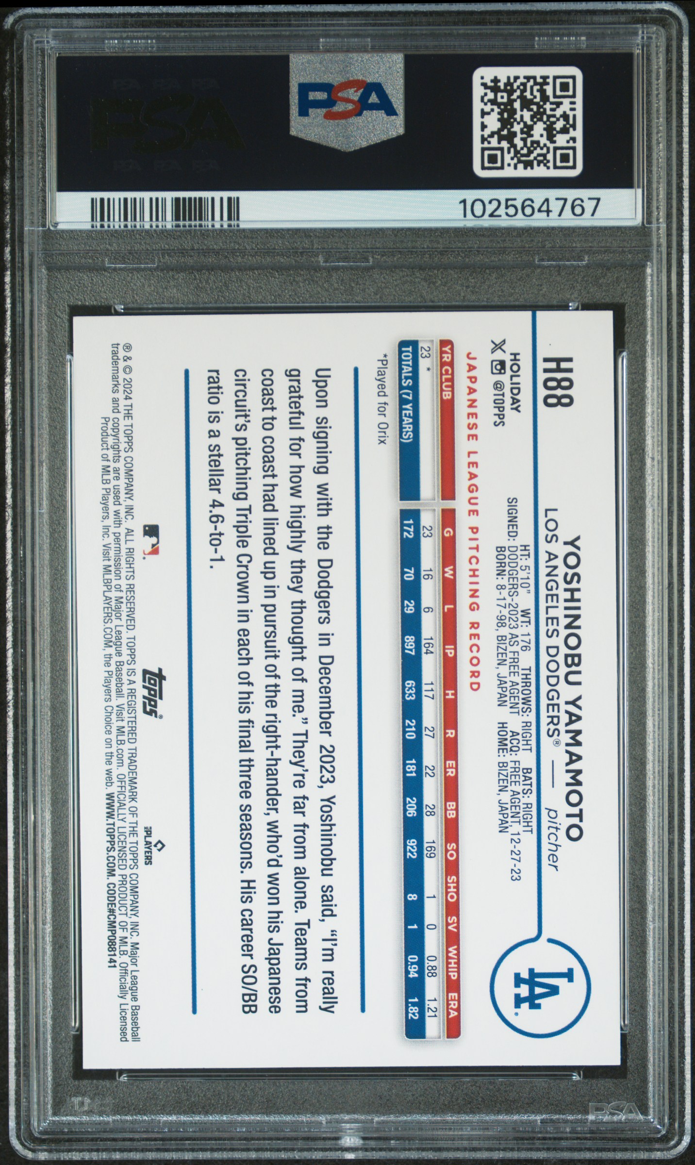 2024 Topps Holiday Yoshinobu Yamamoto #H88 (Holiday Tree) Mint 9 back